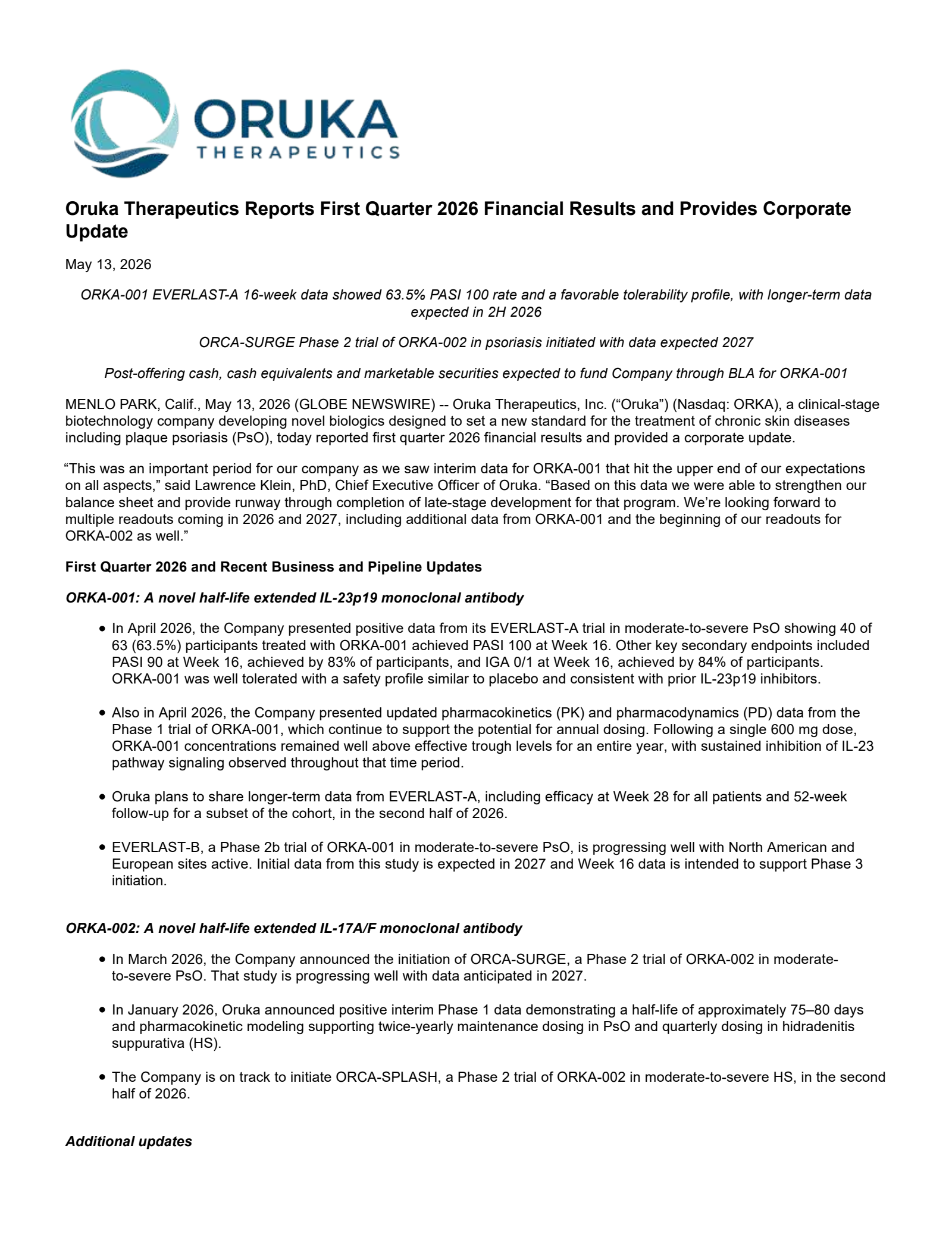 Oruka Therapeutics' Q1 2026 Press Release