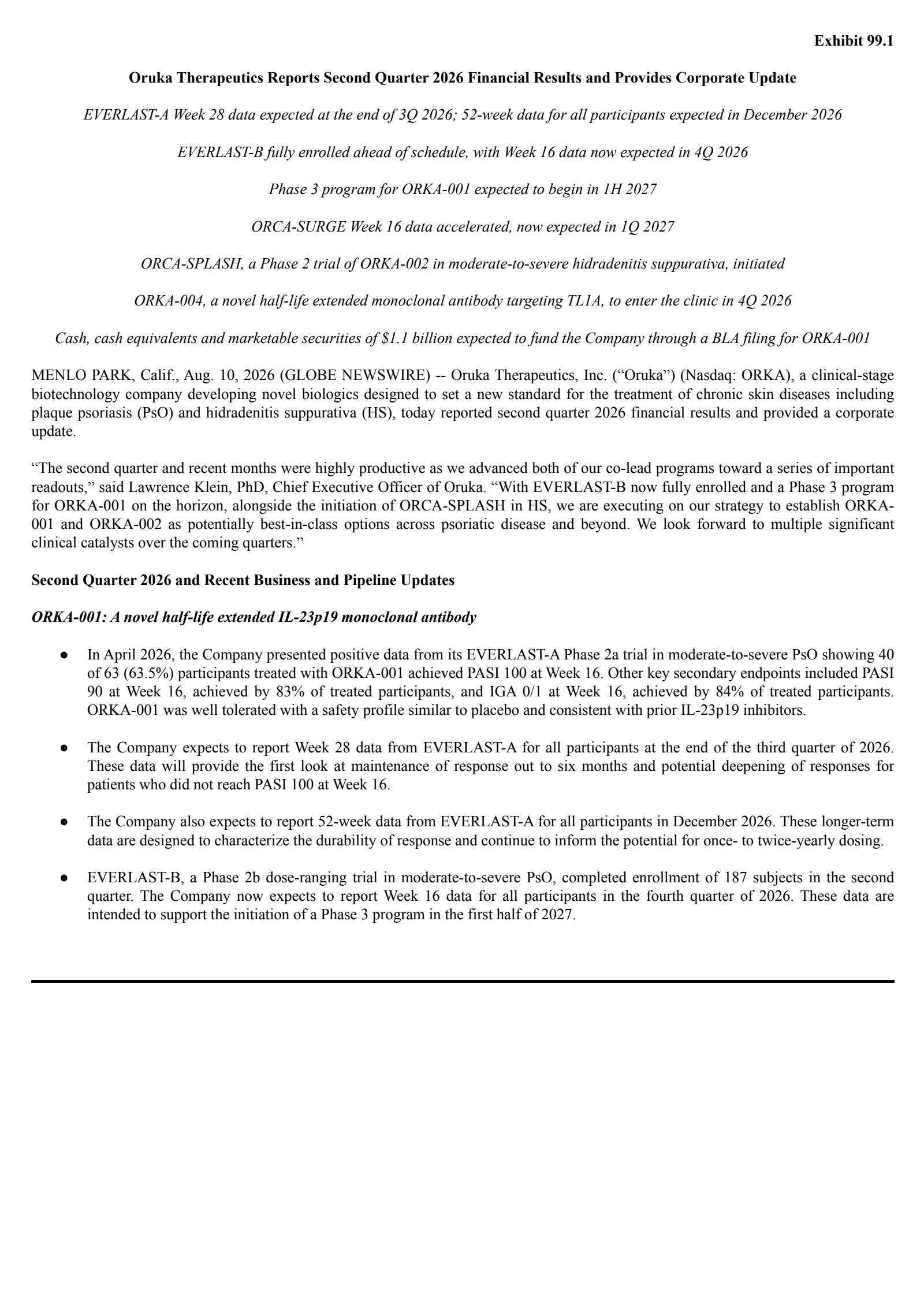Oruka Therapeutics' Q2 2026 Press Release
