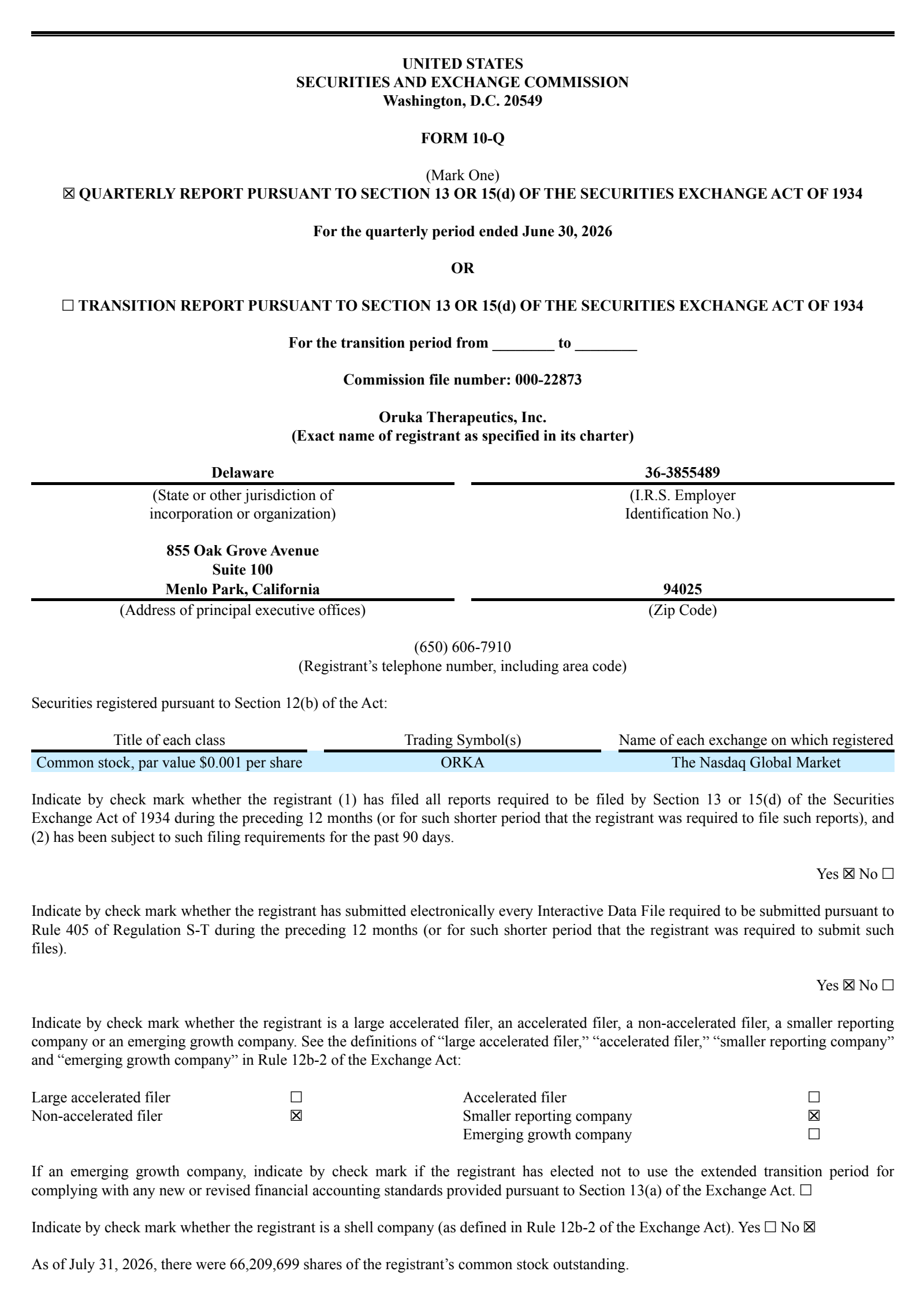 Oruka Therapeutics' Q2 2026 Quarterly report
