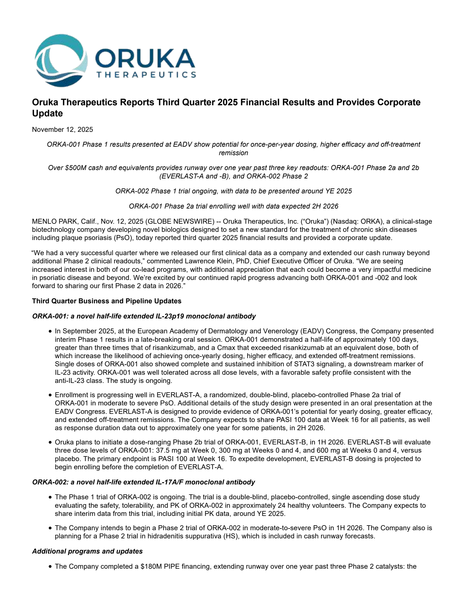 Oruka Therapeutics' Q3 2025 Earnings Release