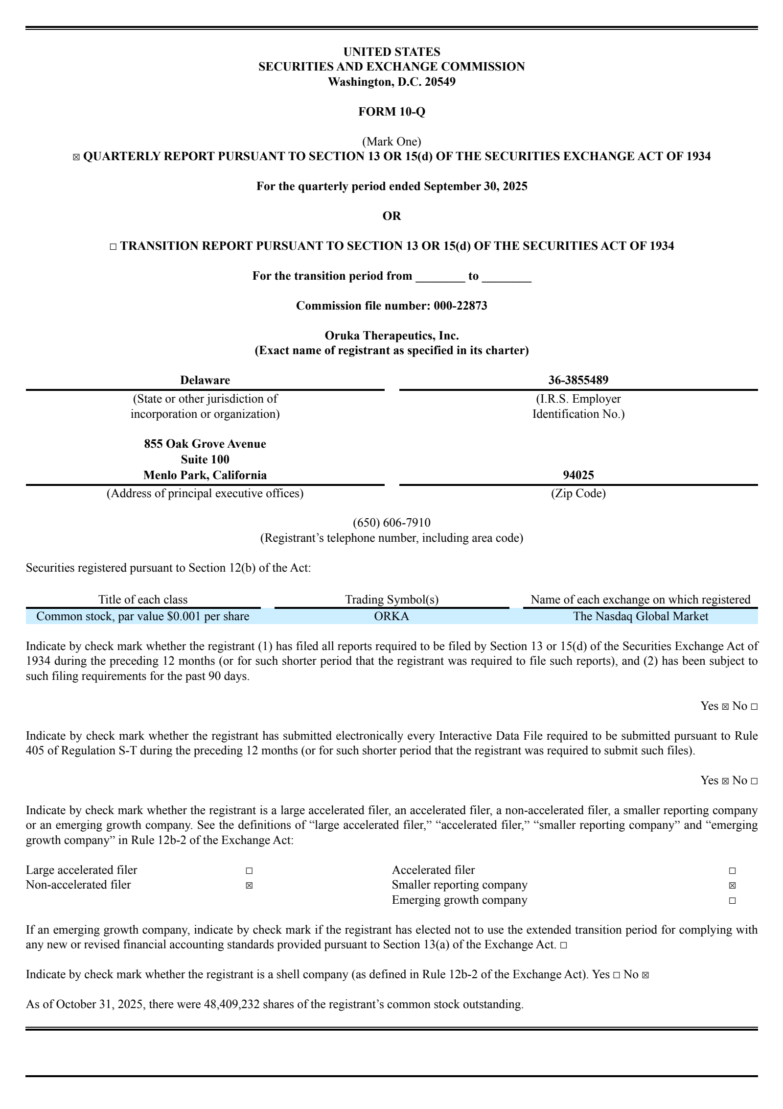 Oruka Therapeutics' Q3 2025 Quarterly Report