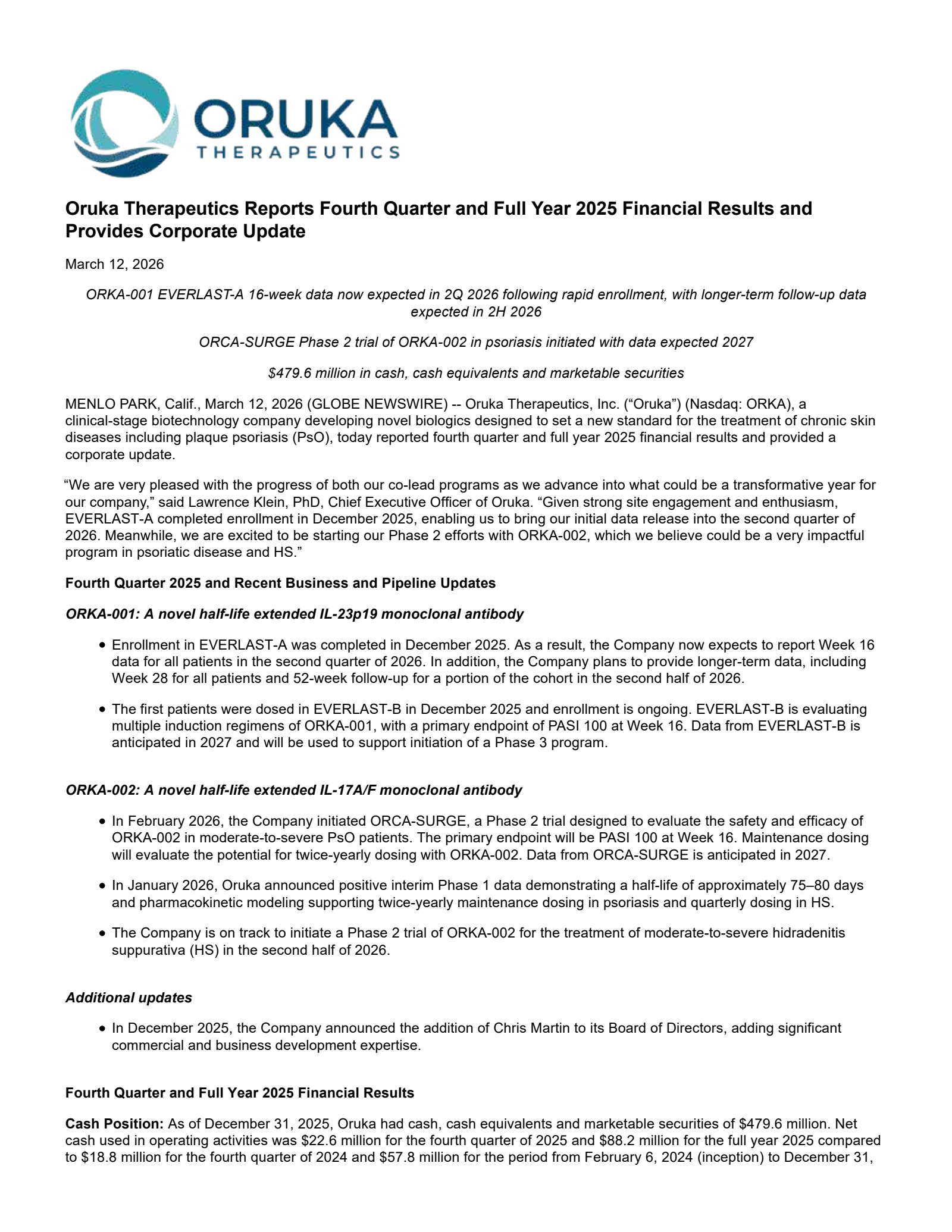 Oruka Therapeutics' Q4 2025 Press Release