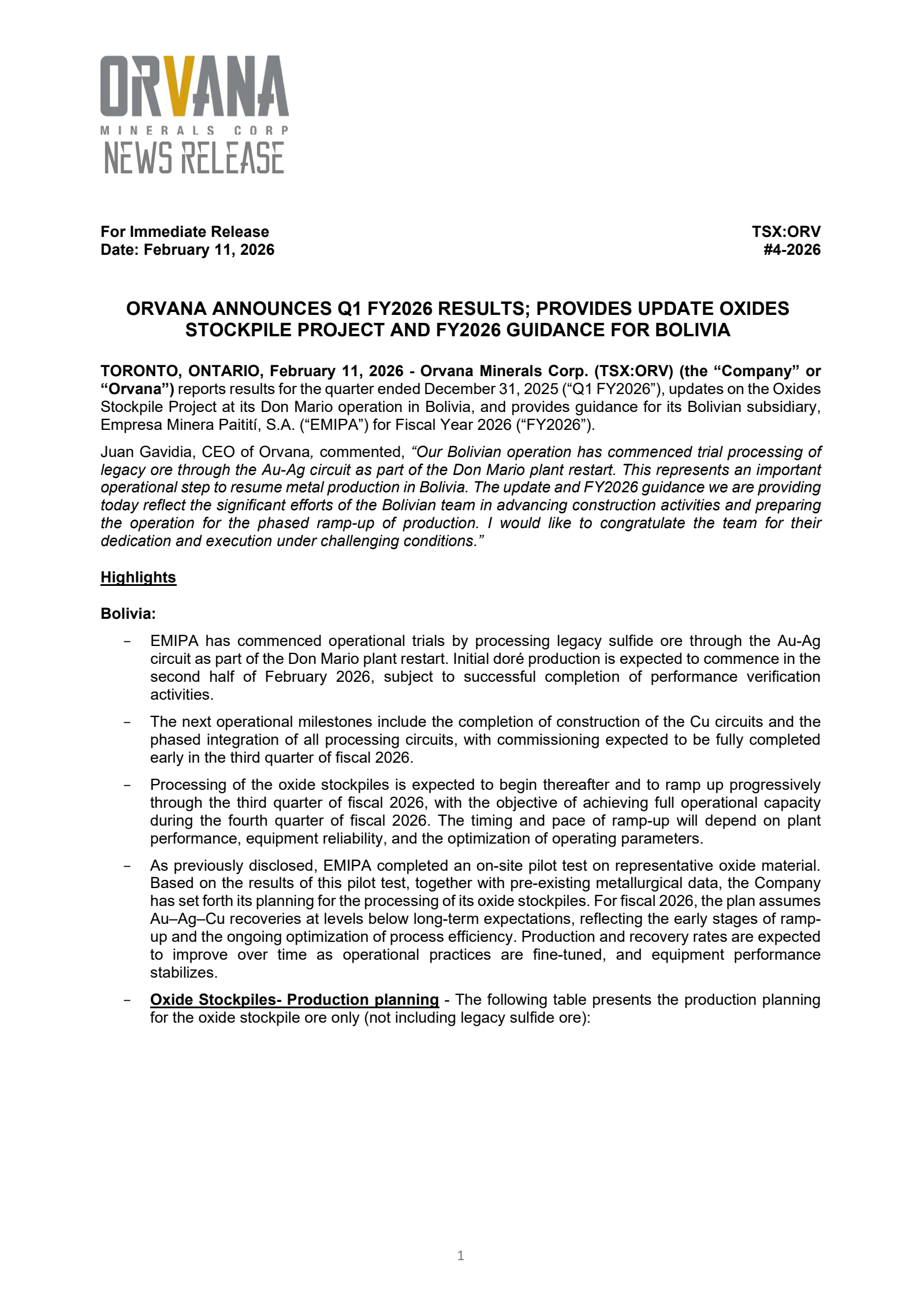 Orvana Minerals' Q1 2026 Press Release