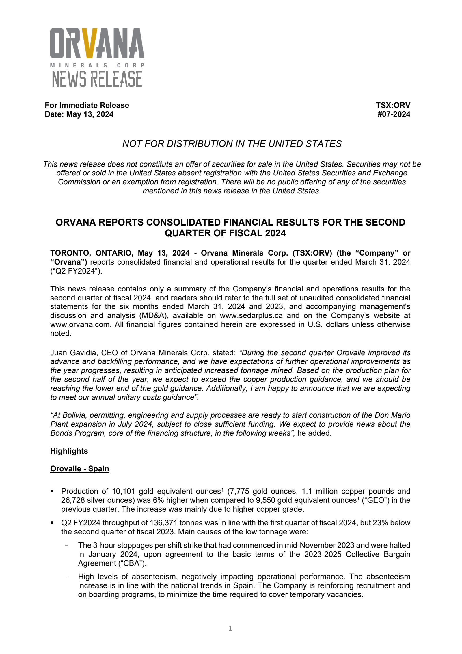 Orvana Minerals' Q2 2024 Earnings Release
