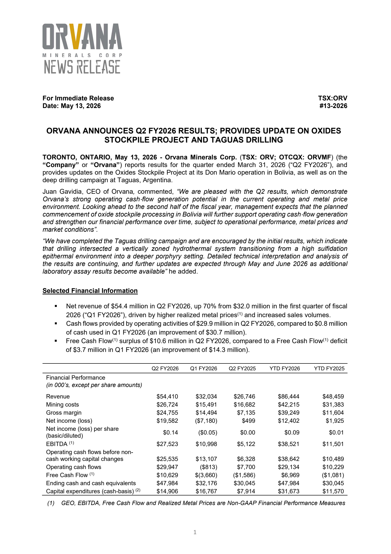 Orvana Minerals' Q2 2026 Press Release