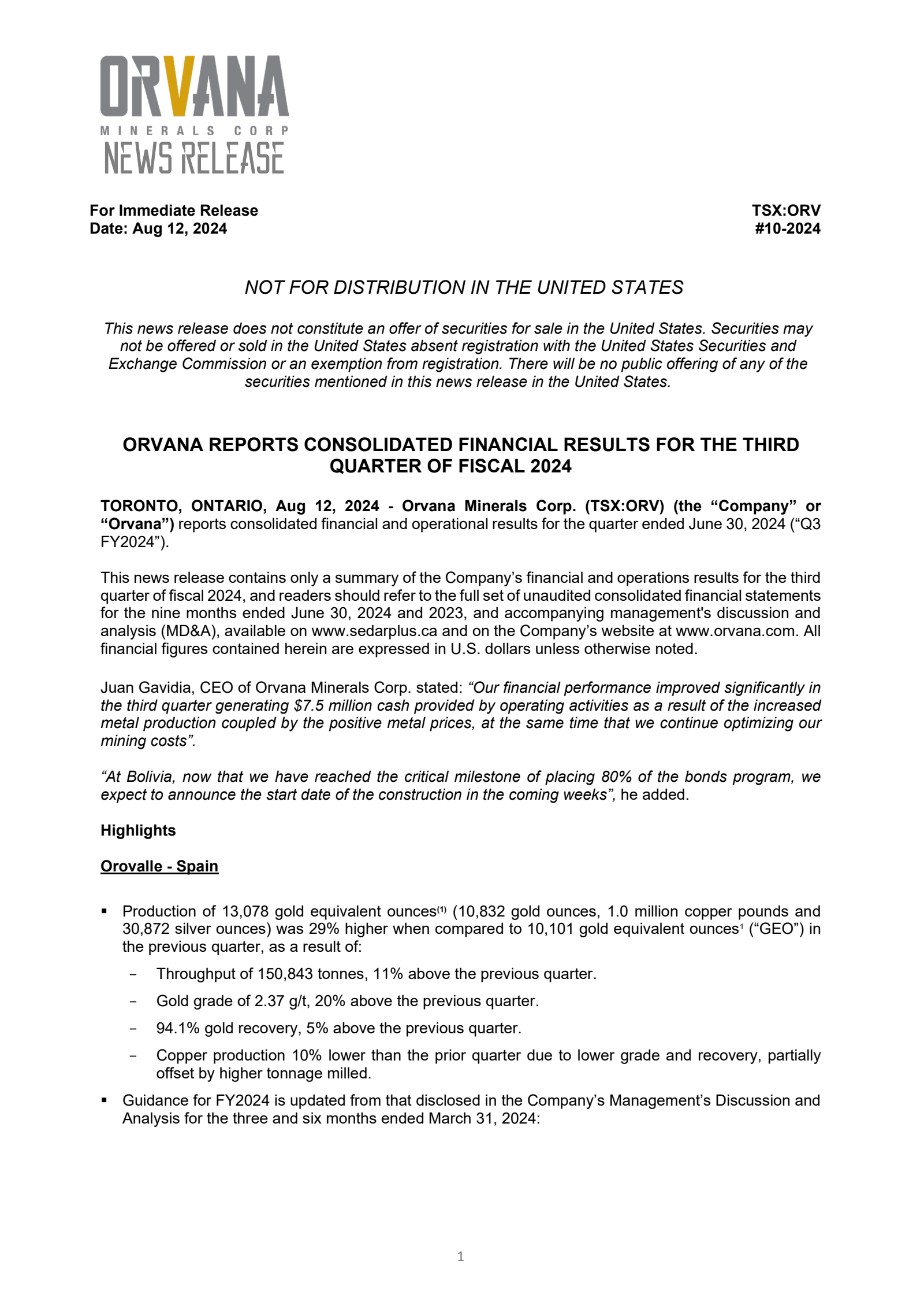 Orvana Minerals' Q3 2024 Earnings Release