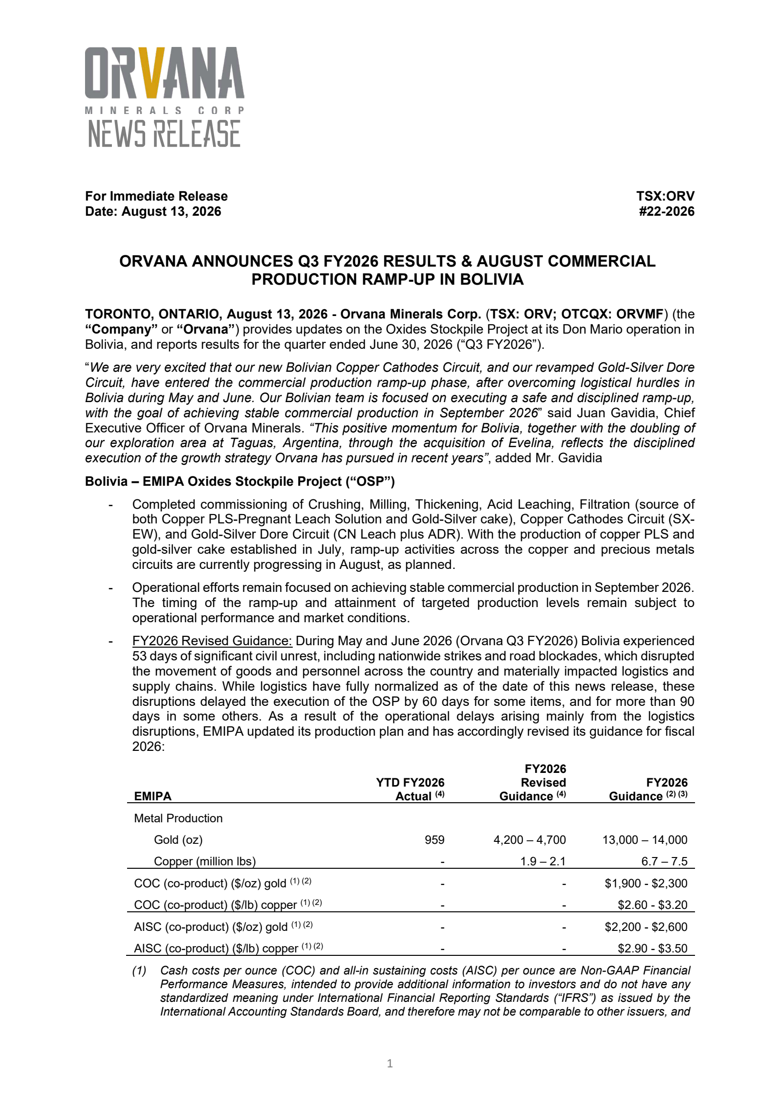 Orvana Minerals' Q3 2026 Press Release