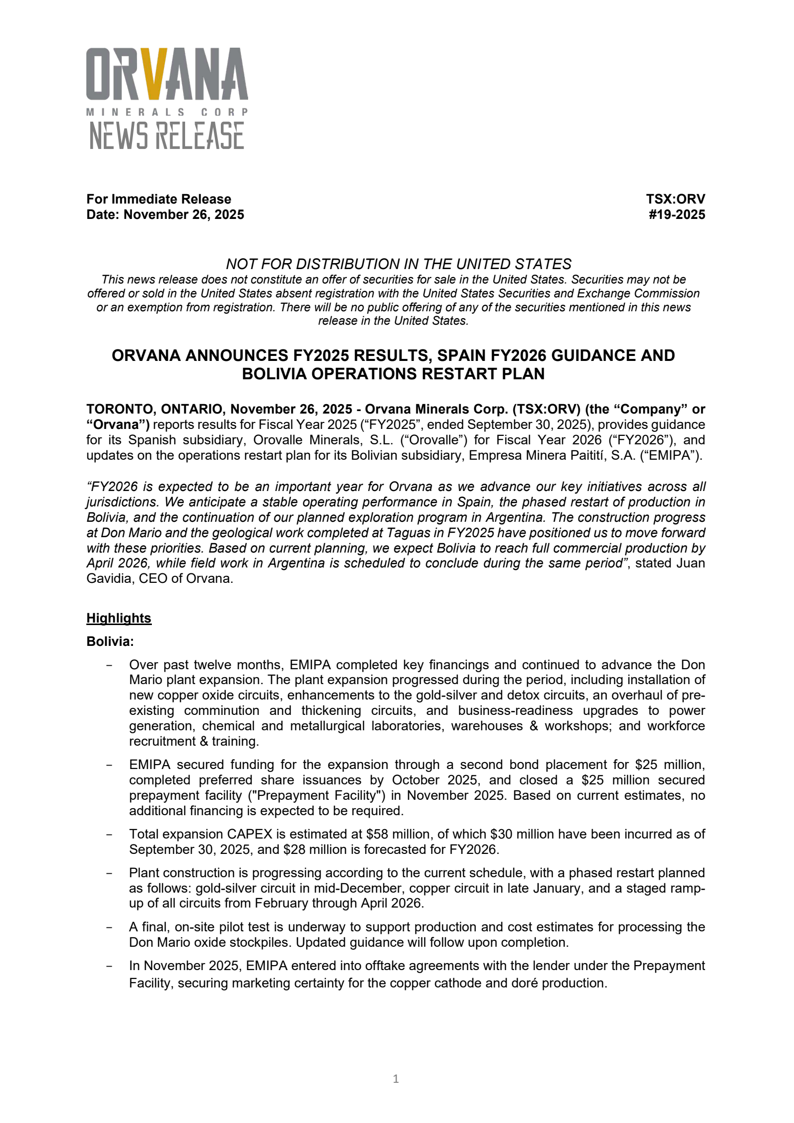 Orvana Minerals' Q4 2025 Earnings Release
