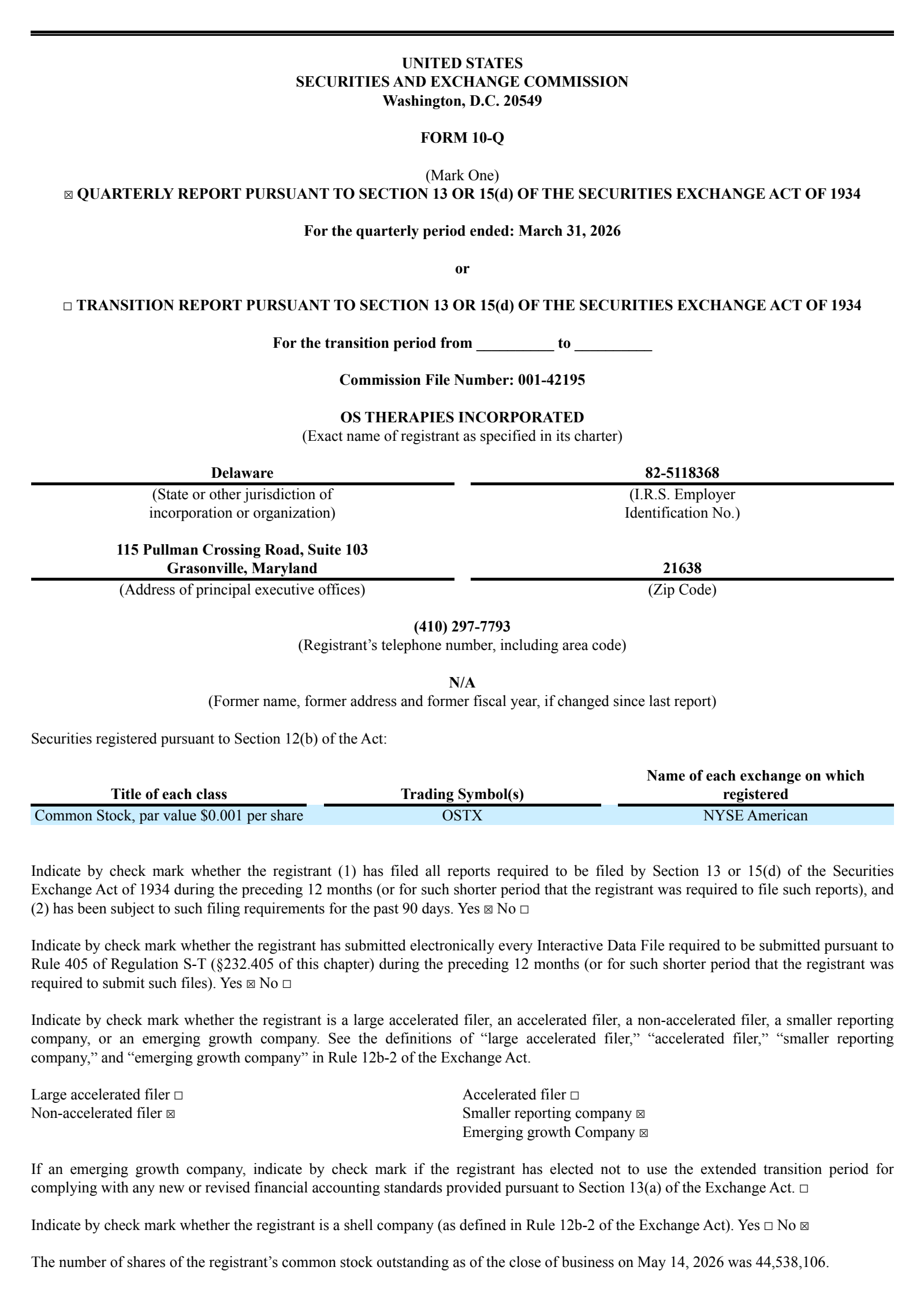 OS Therapies' Q1 2026 Quarterly report