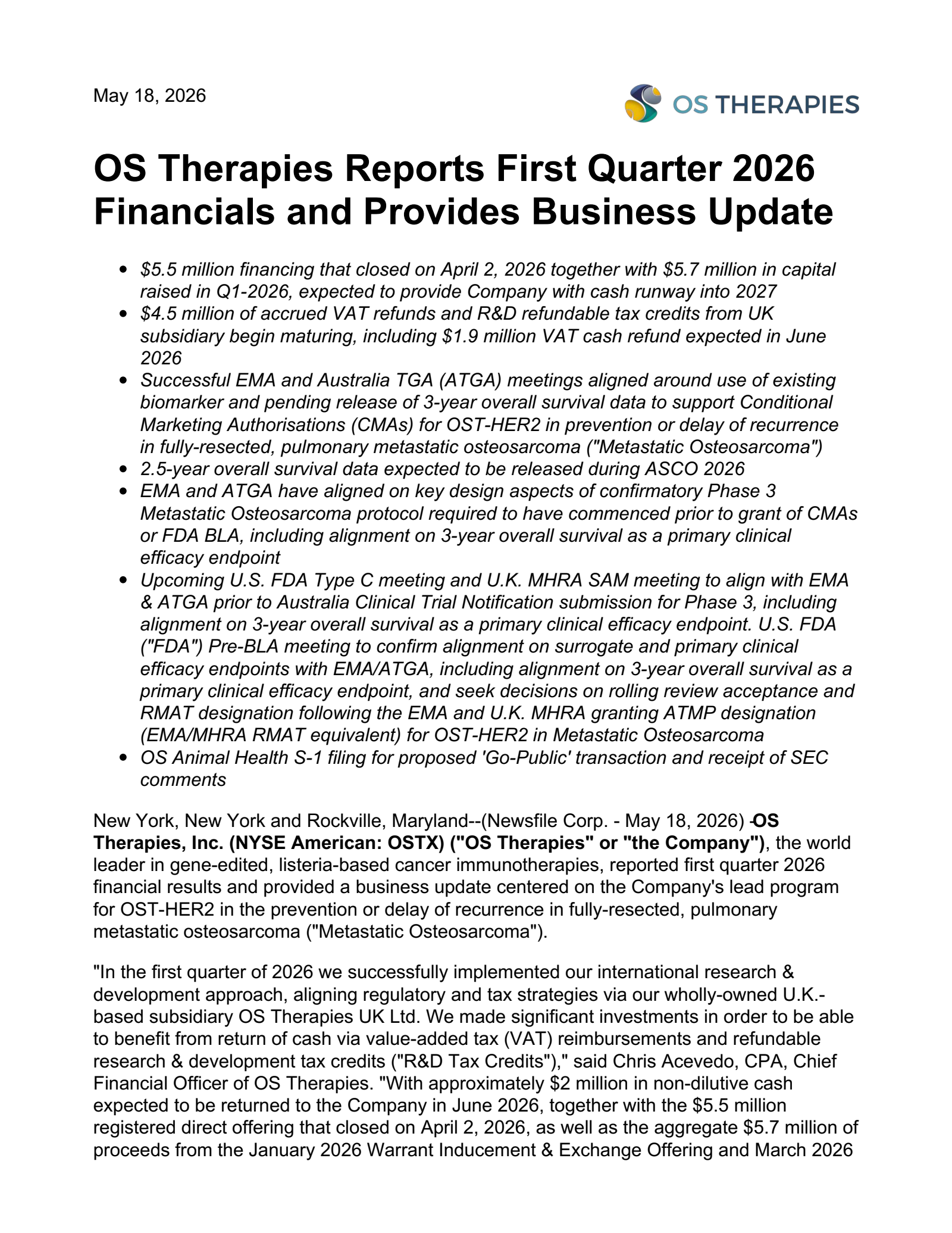 OS Therapies' Q1 2026 Press Release