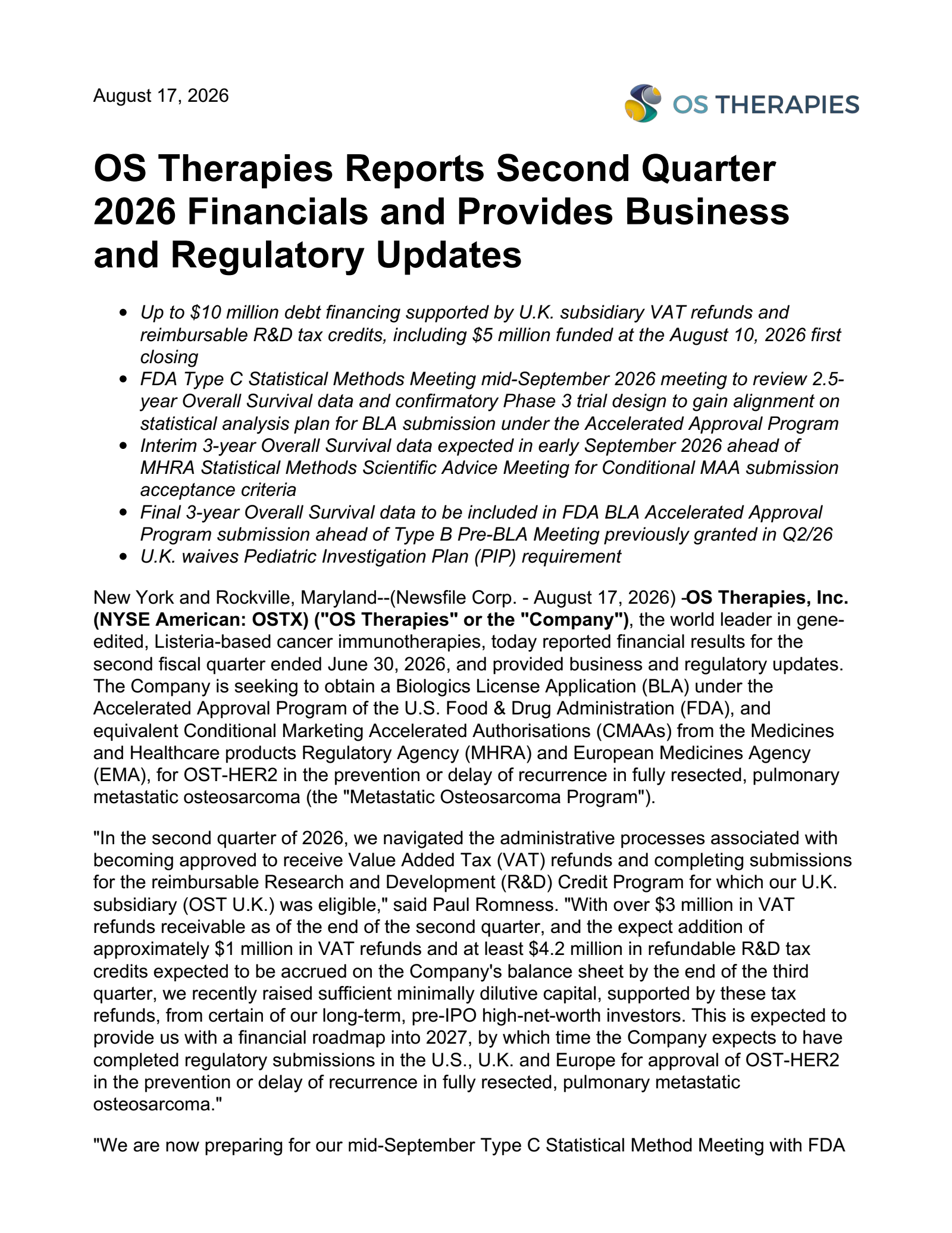 OS Therapies' Q2 2026 Press Release