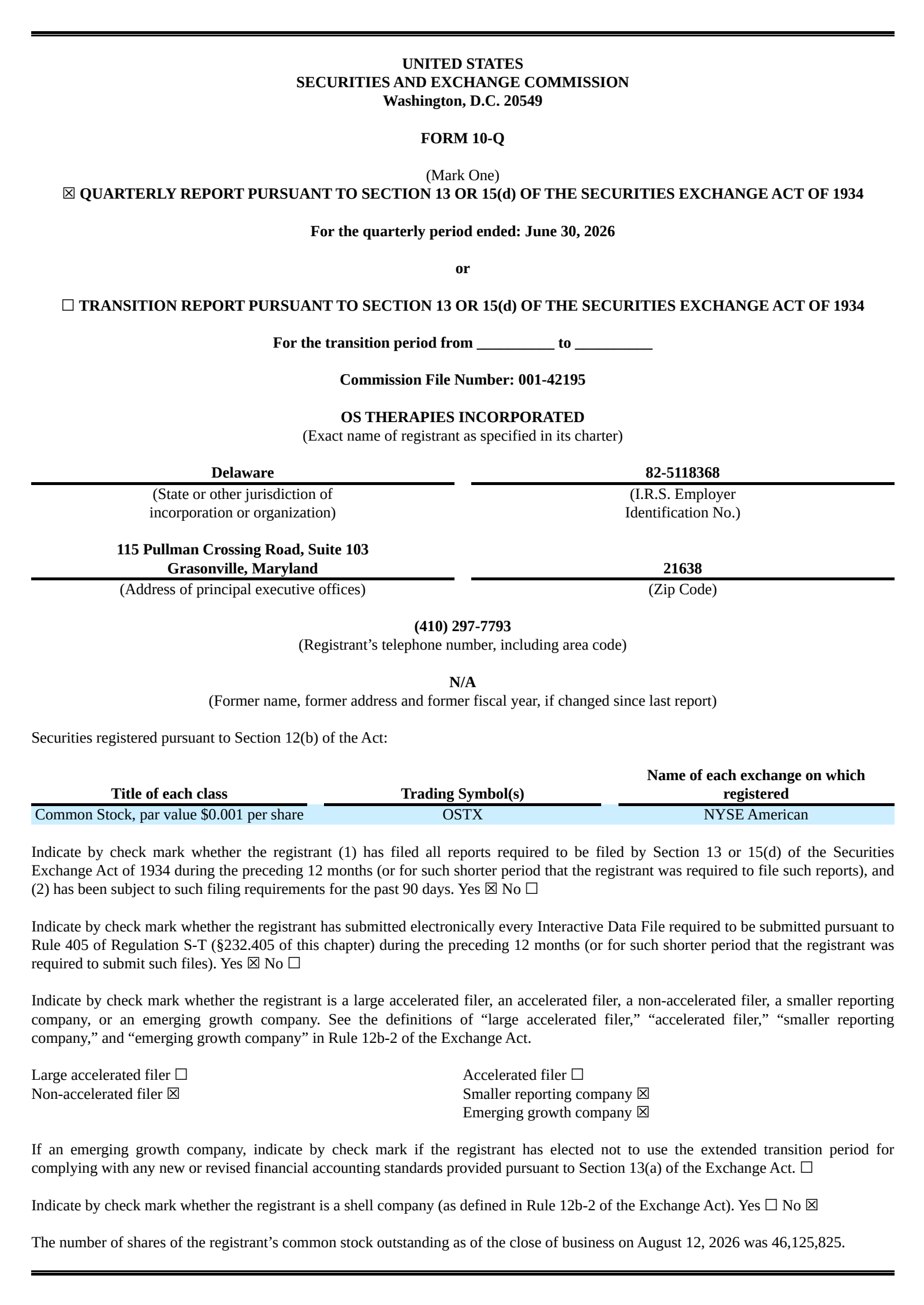 OS Therapies' Q2 2026 Quarterly report