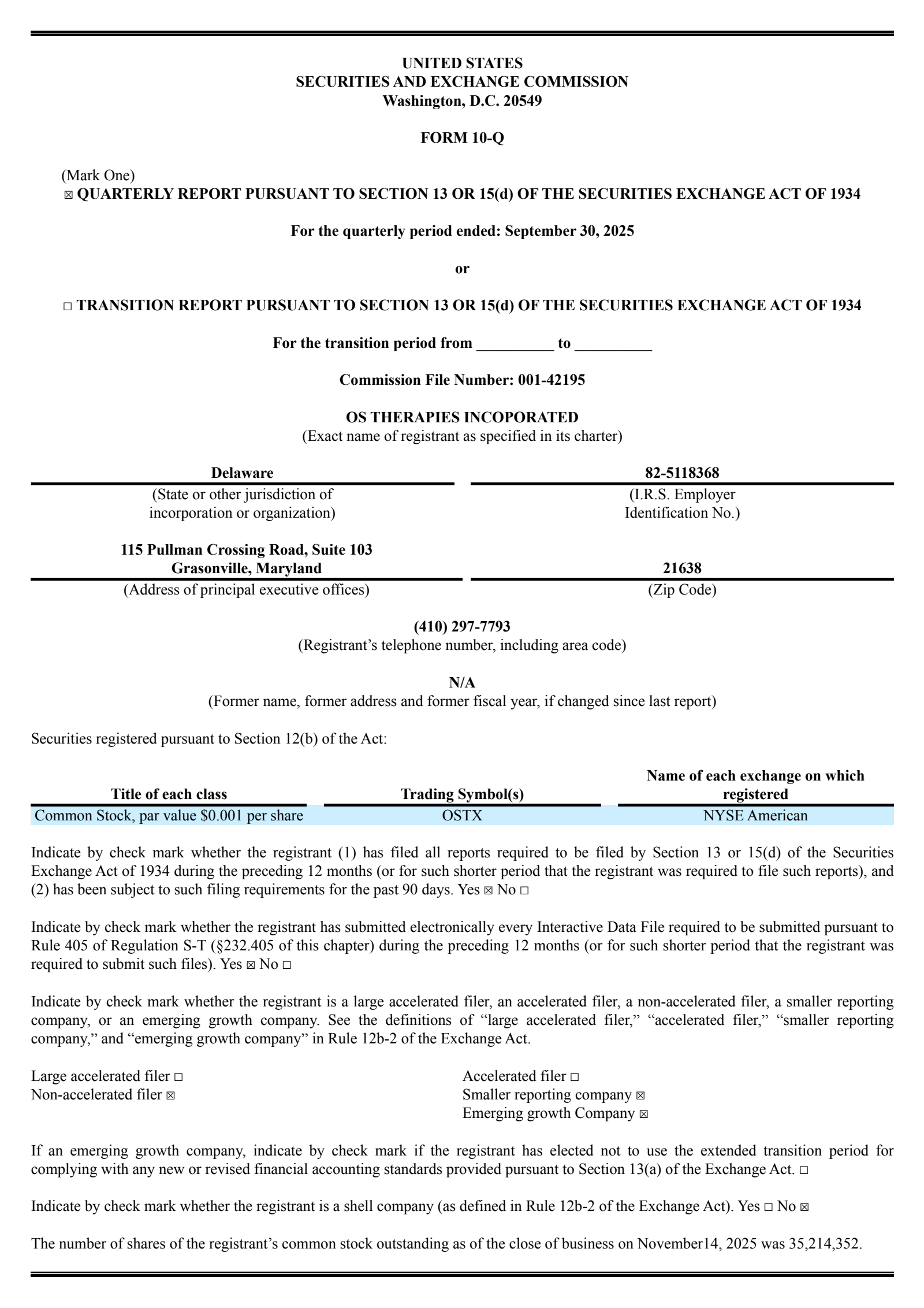 OS Therapies' Q3 2025 Quarterly Report