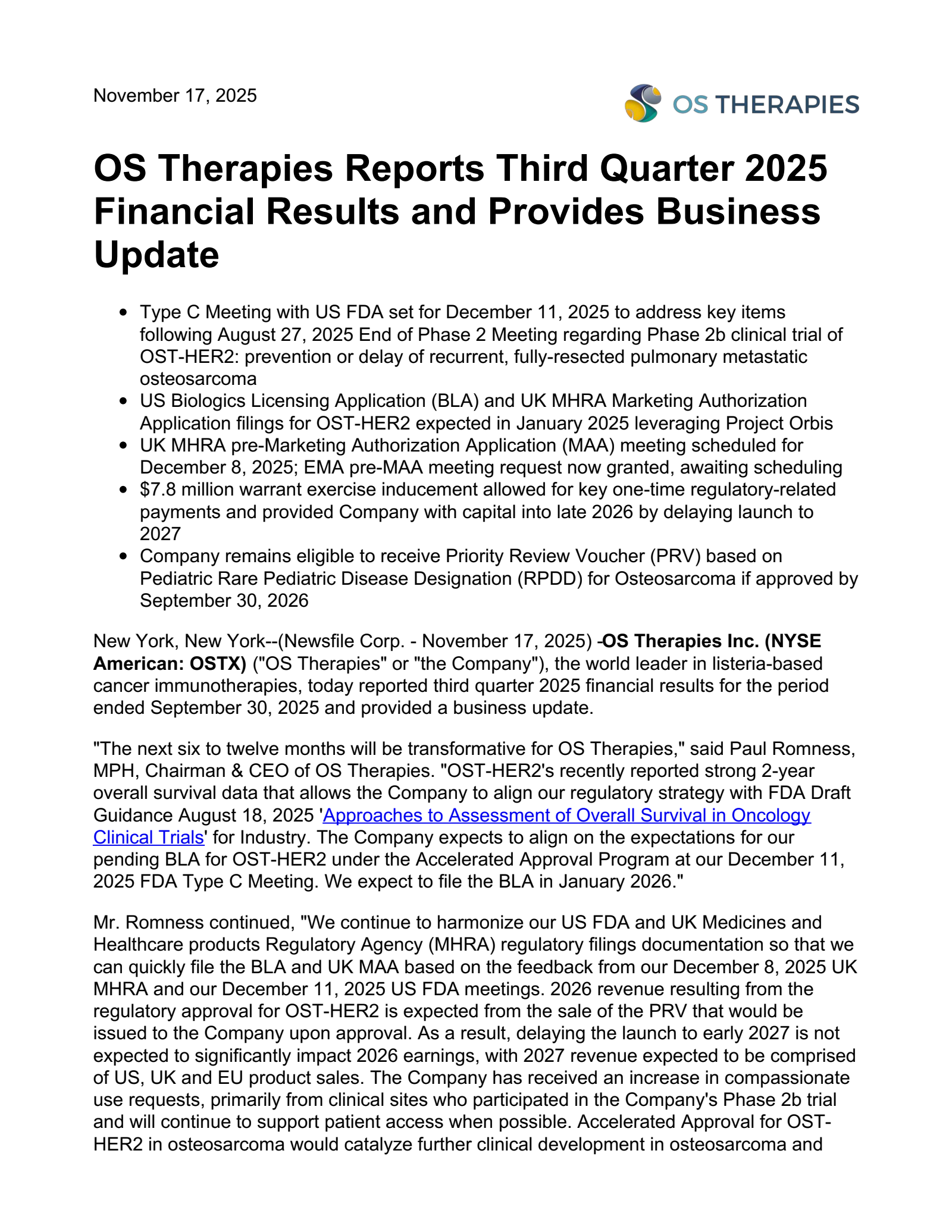 OS Therapies' Q3 2025 Earnings Release