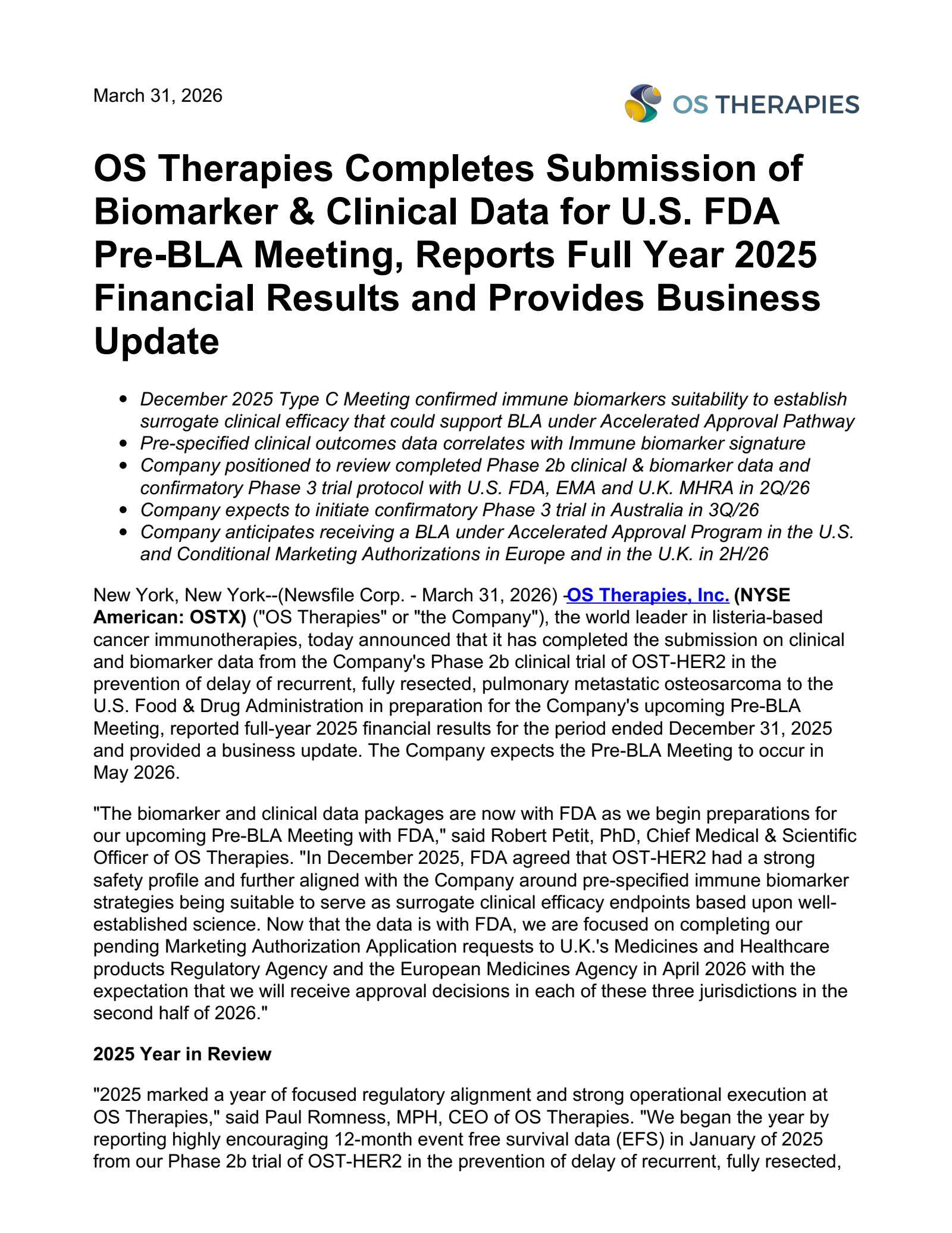 OS Therapies' Q4 2025 Press Release