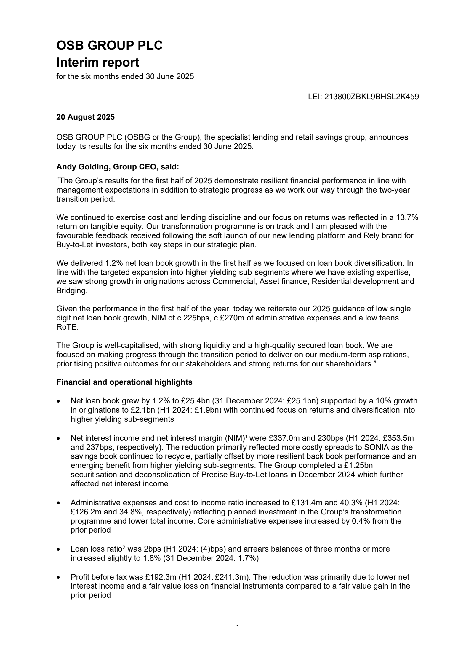 OSB Group's H1 2025 Interim report