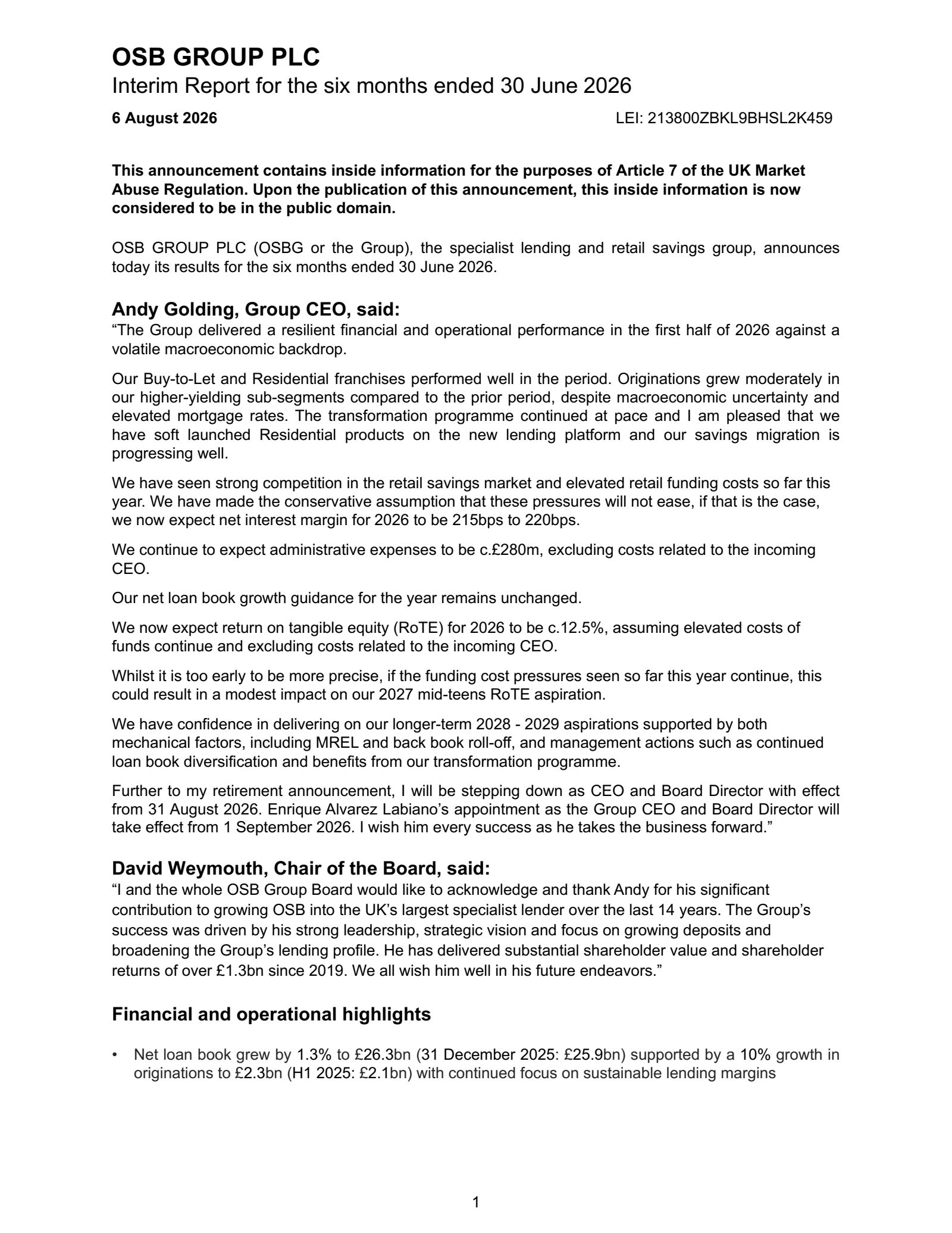 OSB Group's Q2 2026 Interim report