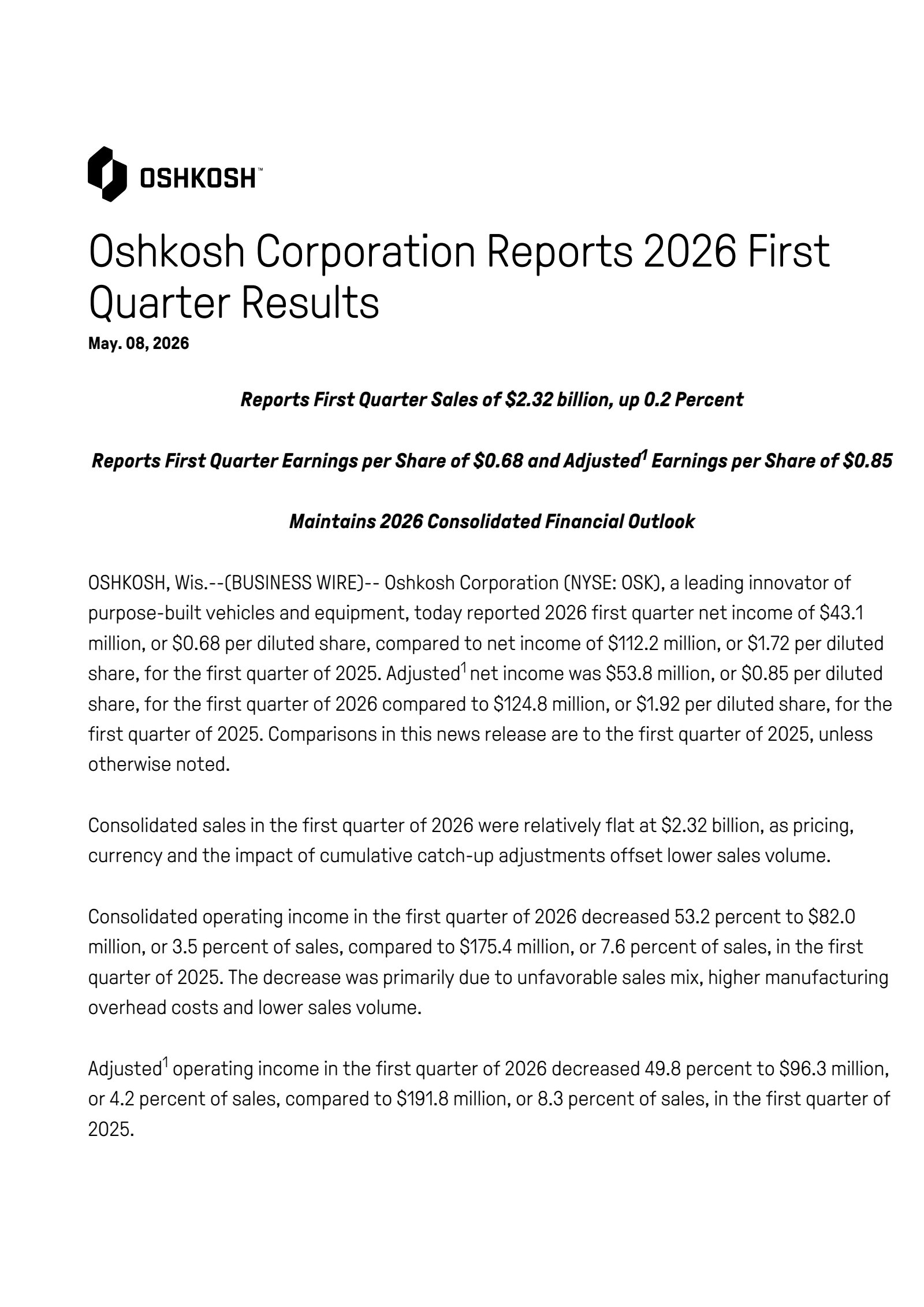 Oshkosh's Q1 2026 Press Release