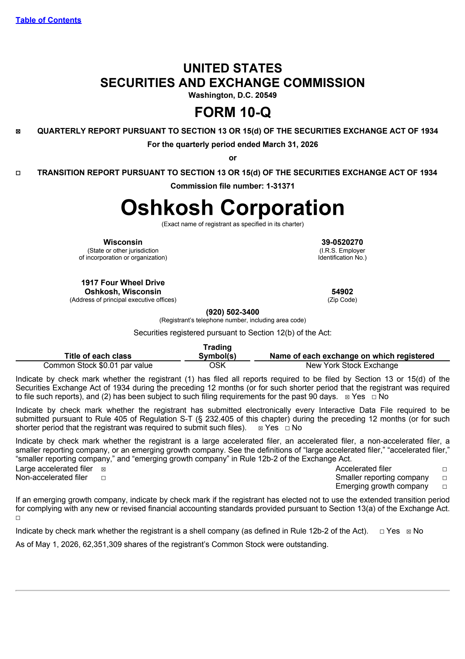 Oshkosh's Q1 2026 Quarterly report