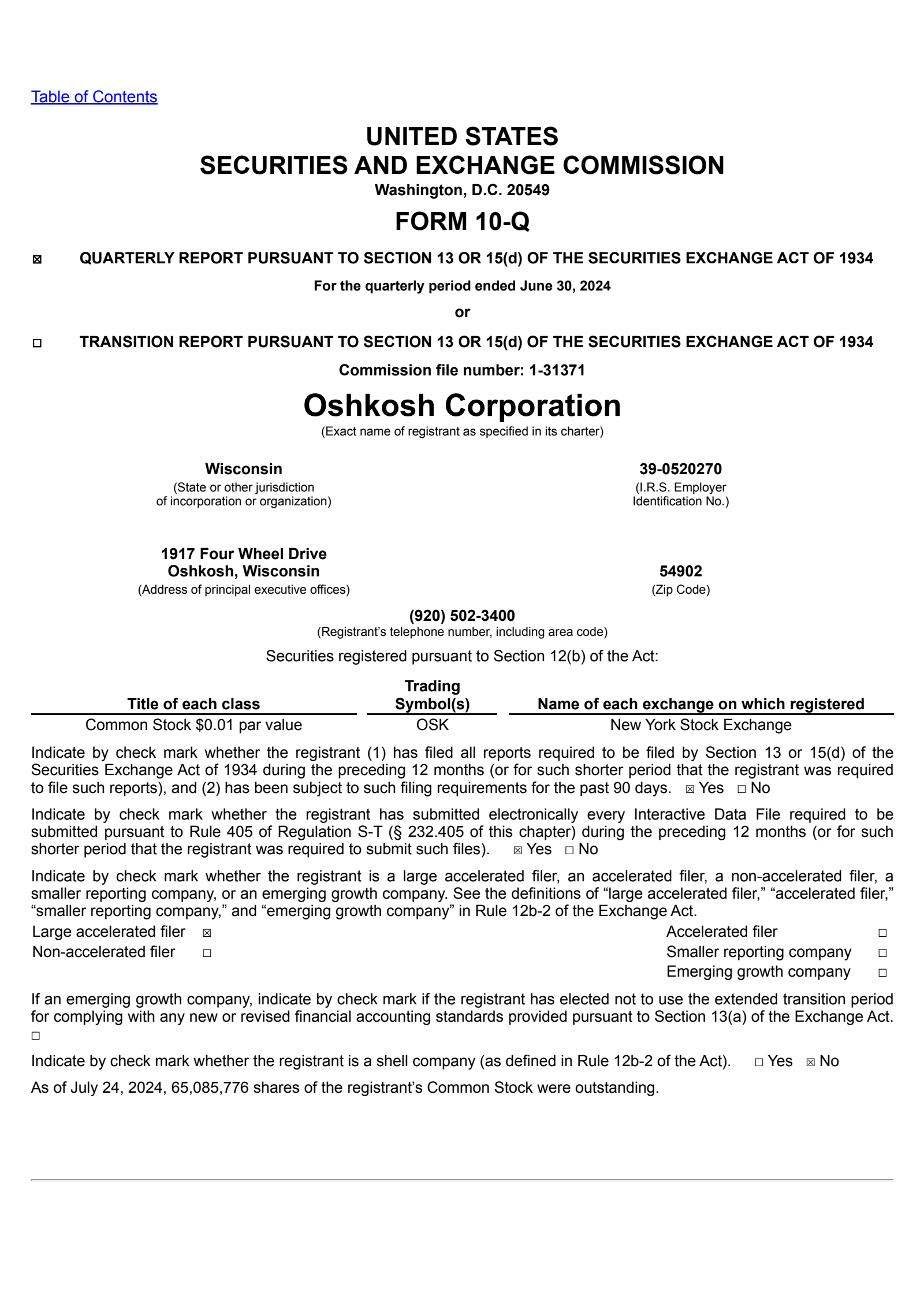 Oshkosh's Q2 2024 Quarterly report