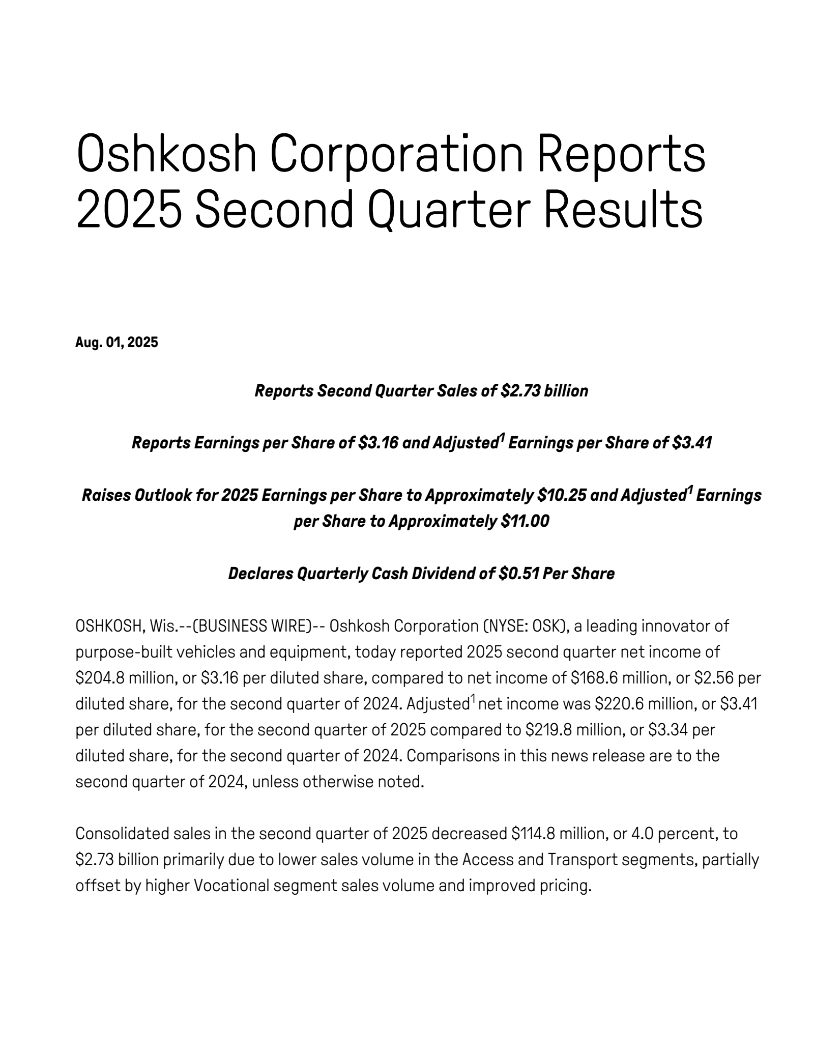 Oshkosh's Q2 2025 Press Release