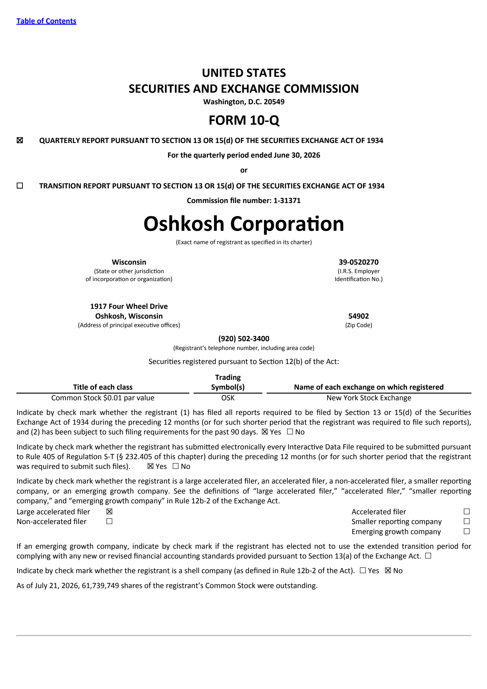 Oshkosh's Q2 2026 Quarterly report