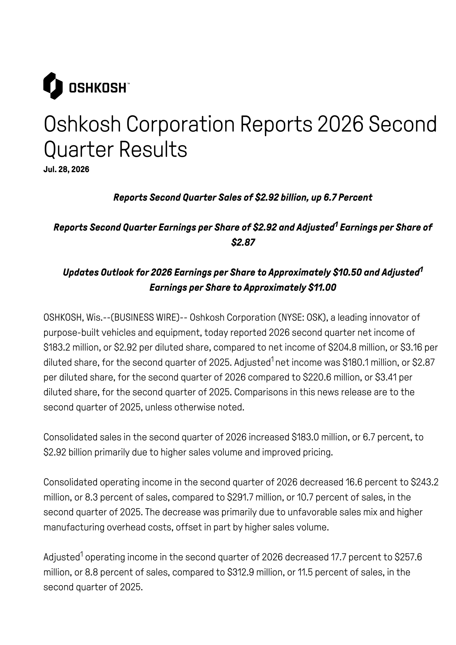 Oshkosh's Q2 2026 Press Release