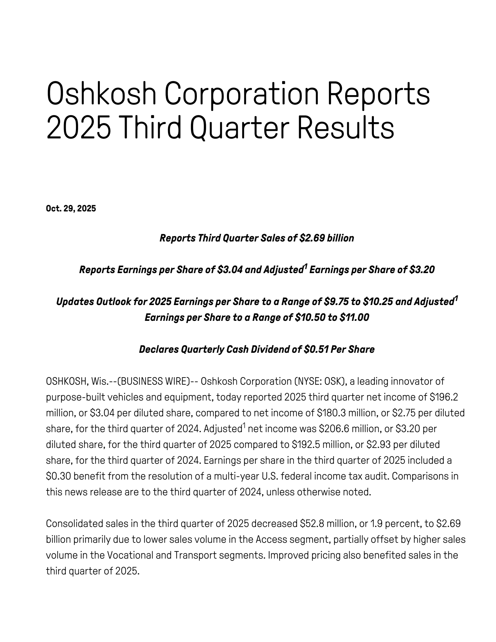 Oshkosh's Q3 2025 Earnings Release