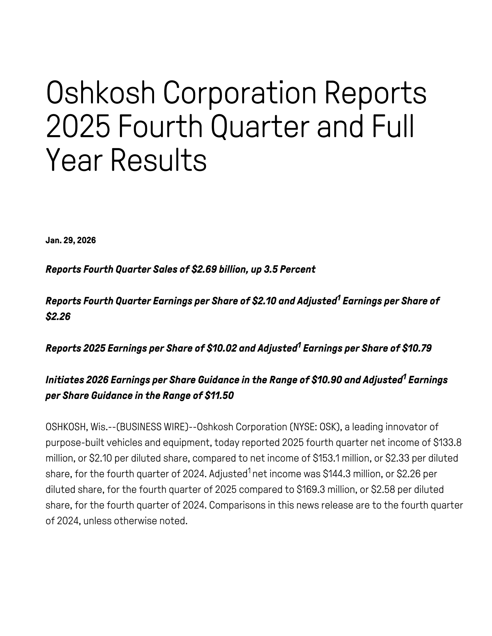 Oshkosh's Q4 2025 Press Release
