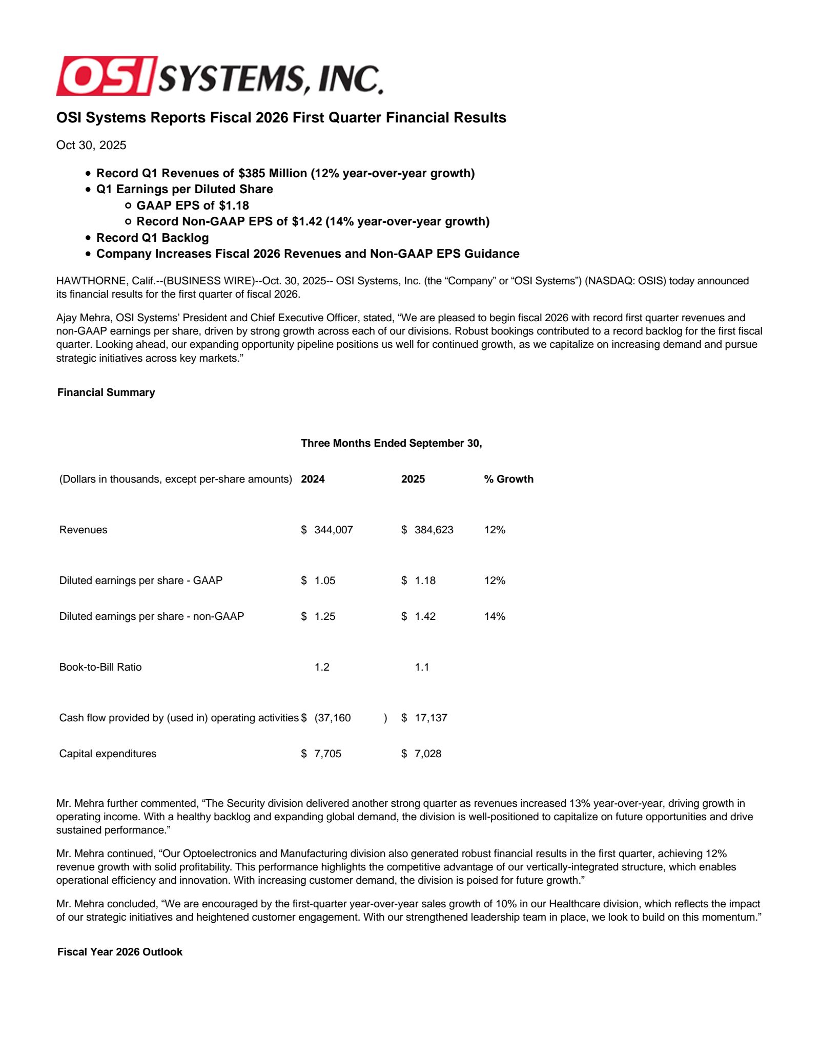 OSI Systems' Q1 2026 Earnings Release