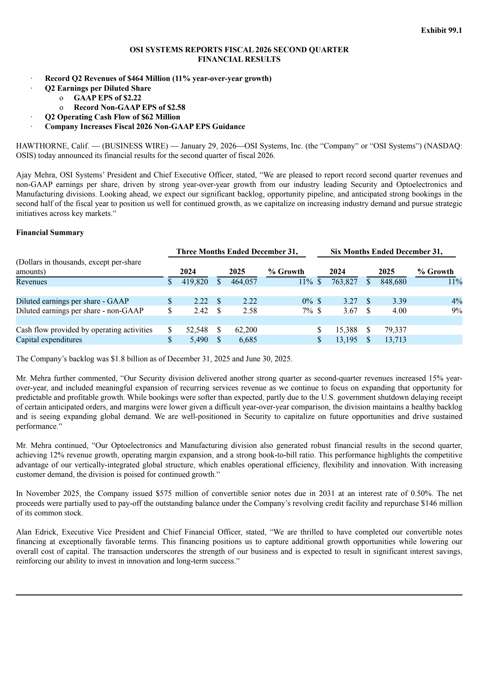 OSI Systems' Q2 2026 Press Release