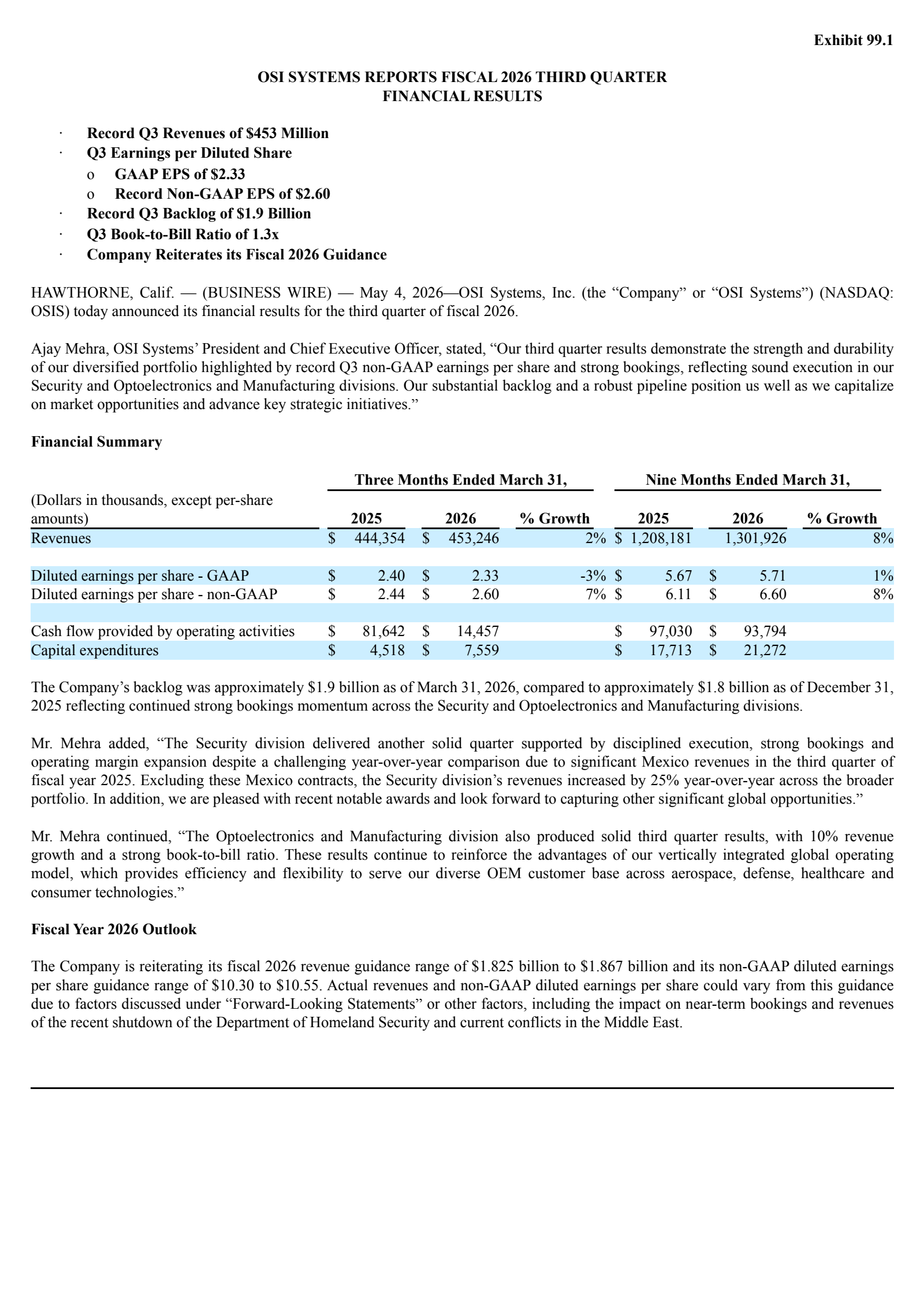 OSI Systems' Q3 2026 Press Release