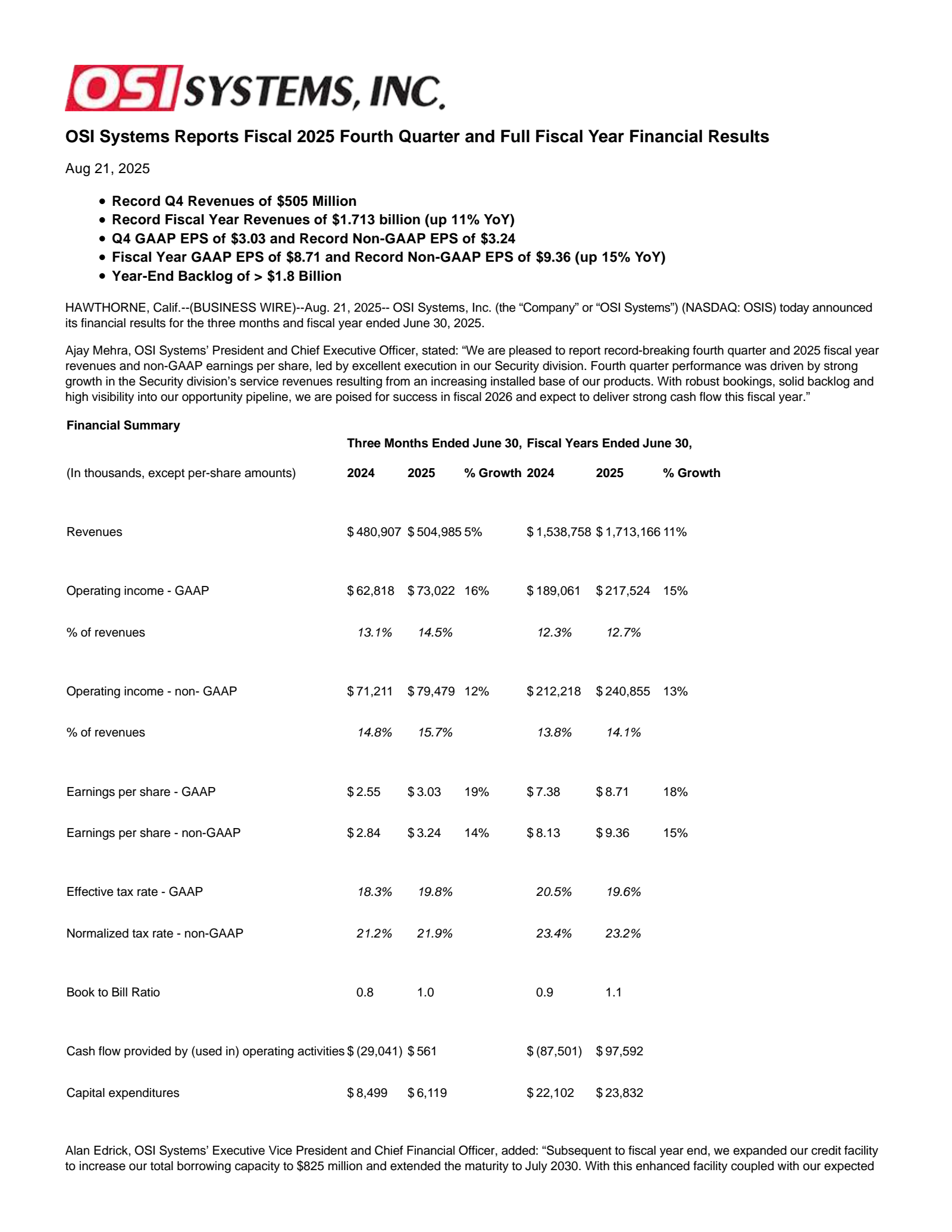 OSI Systems' Q4 2025 Press Release