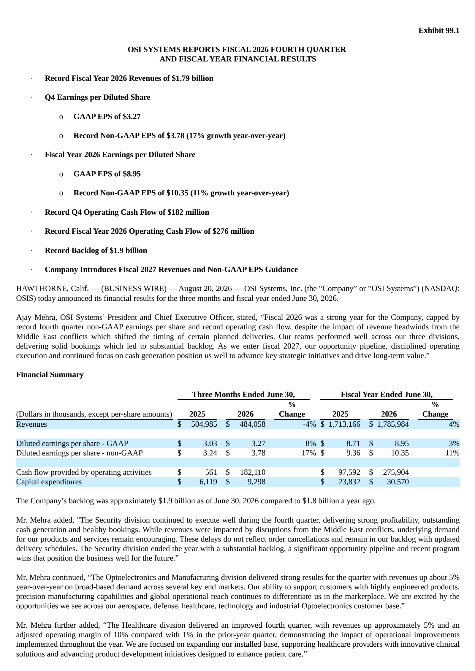 OSI Systems' Q4 2026 Press Release