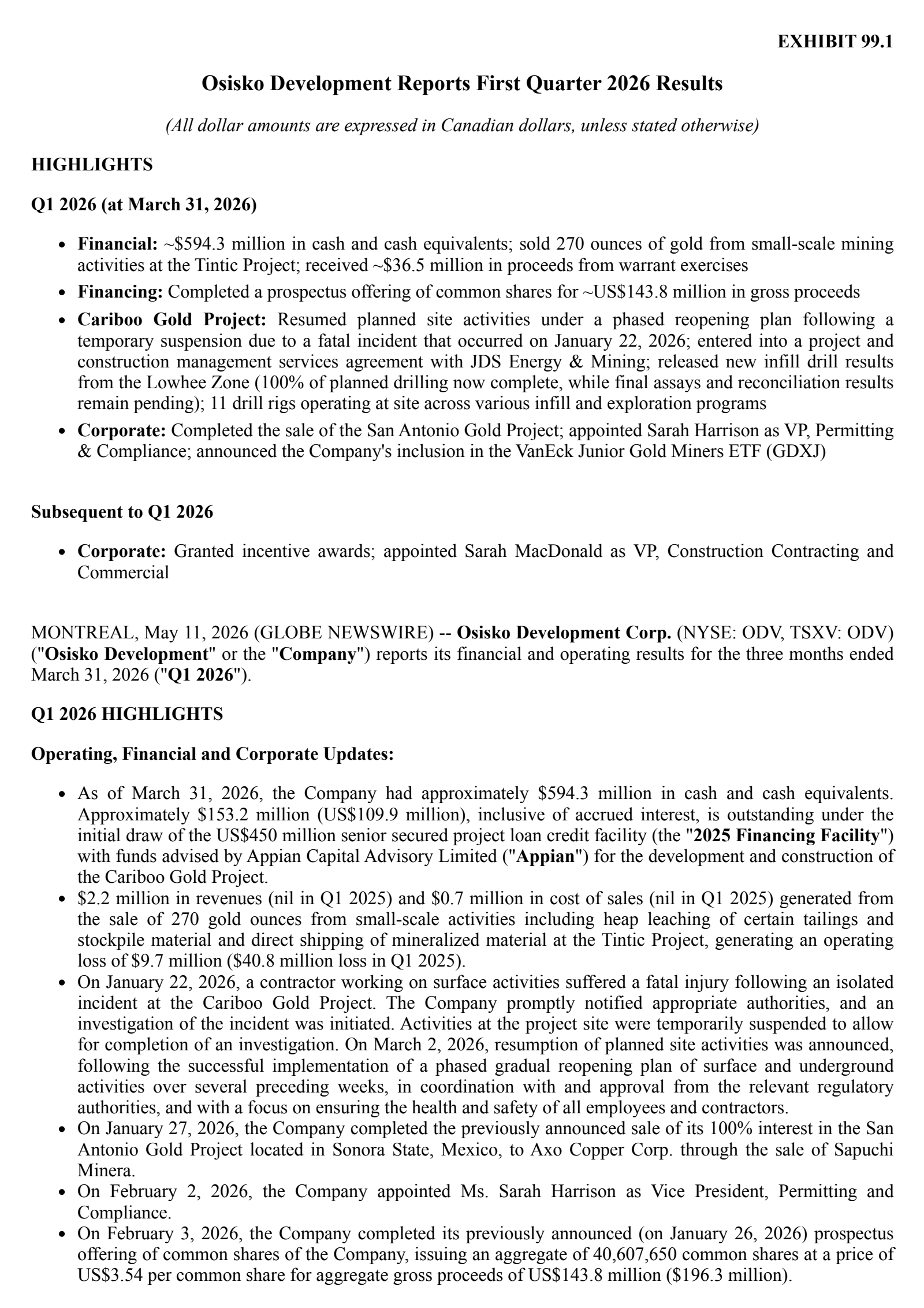 Osisko Development's Q1 2026 Press Release