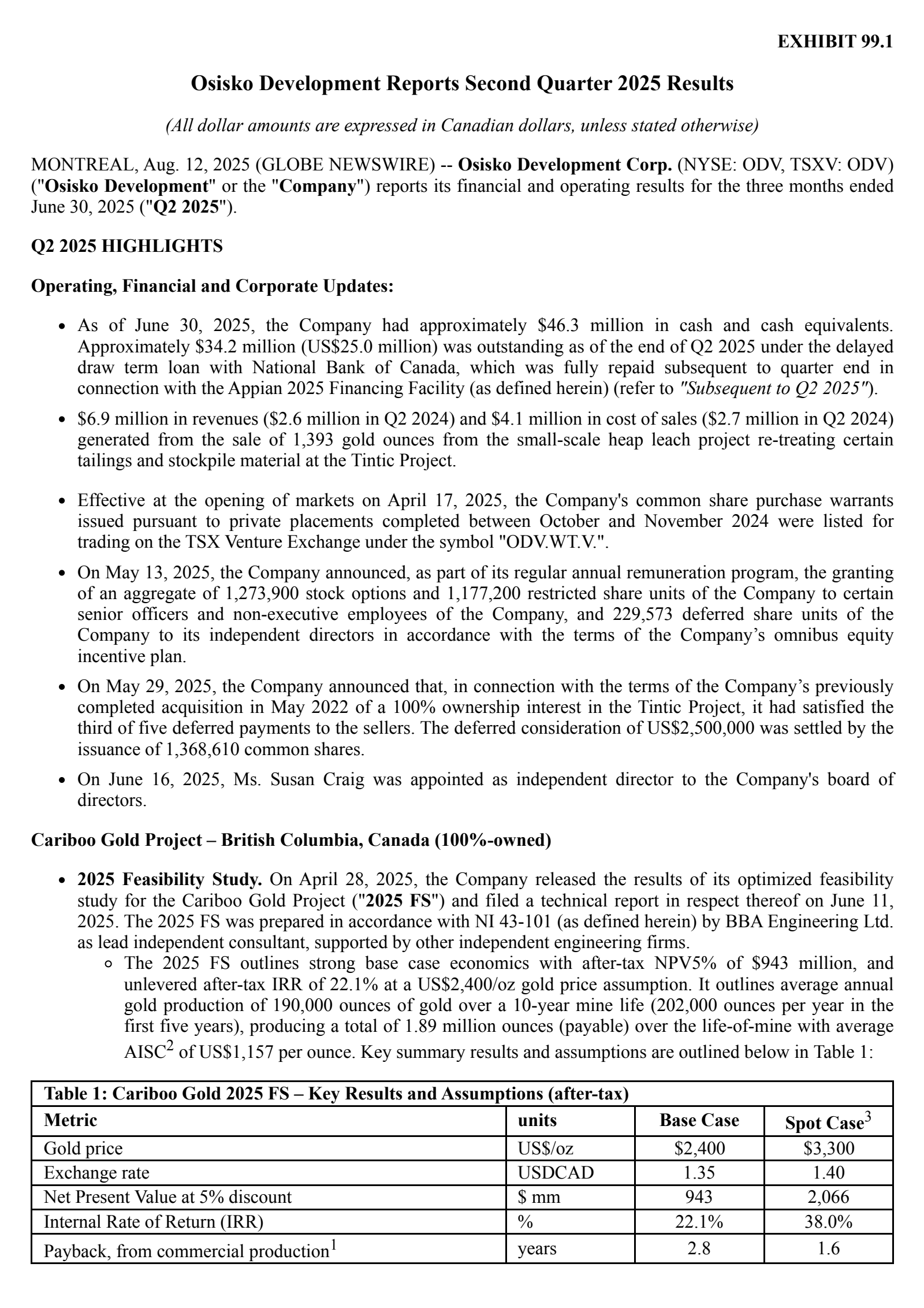 Osisko Development's Q2 2025 Press Release