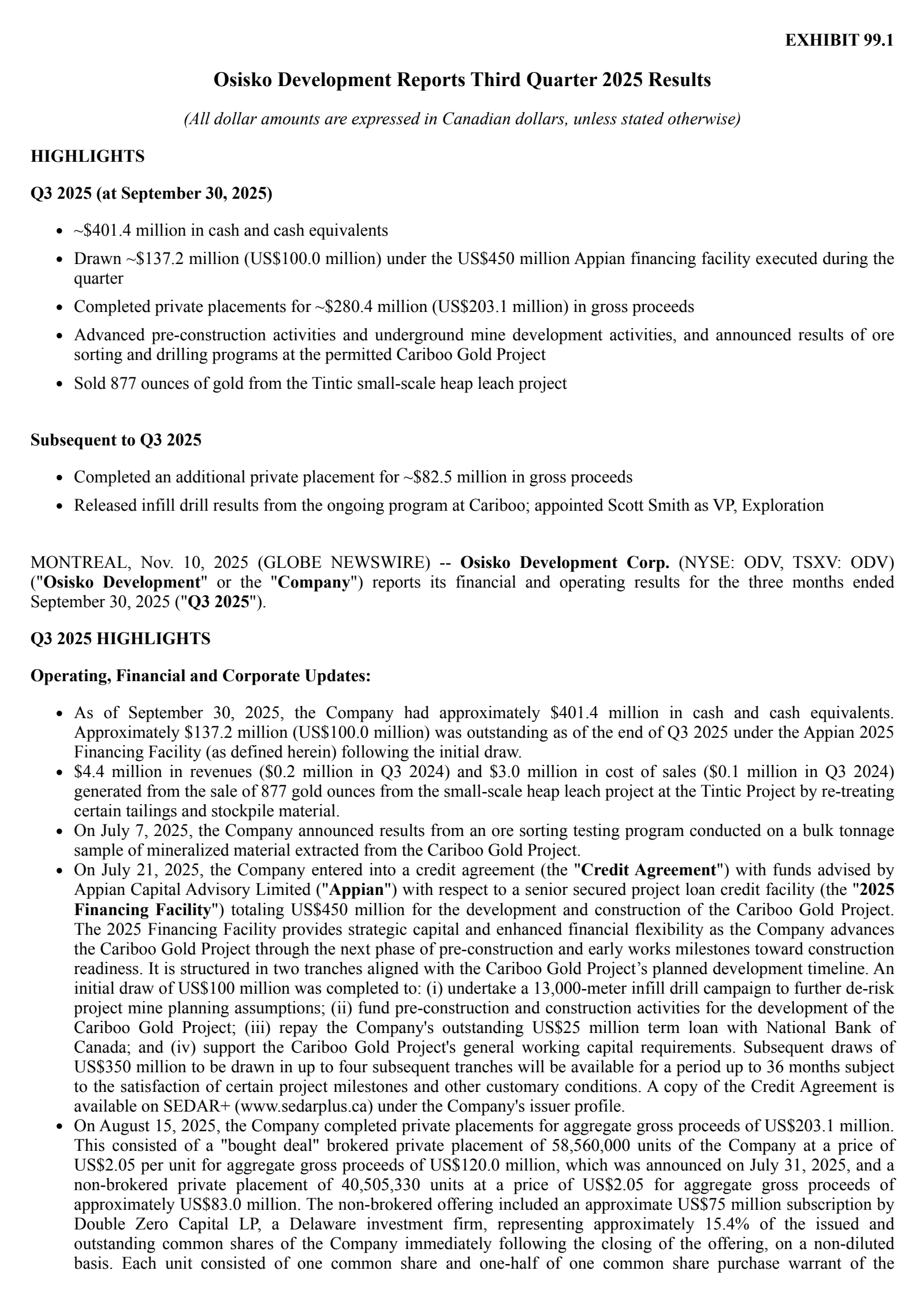 Osisko Development's Q3 2025 Earnings Release