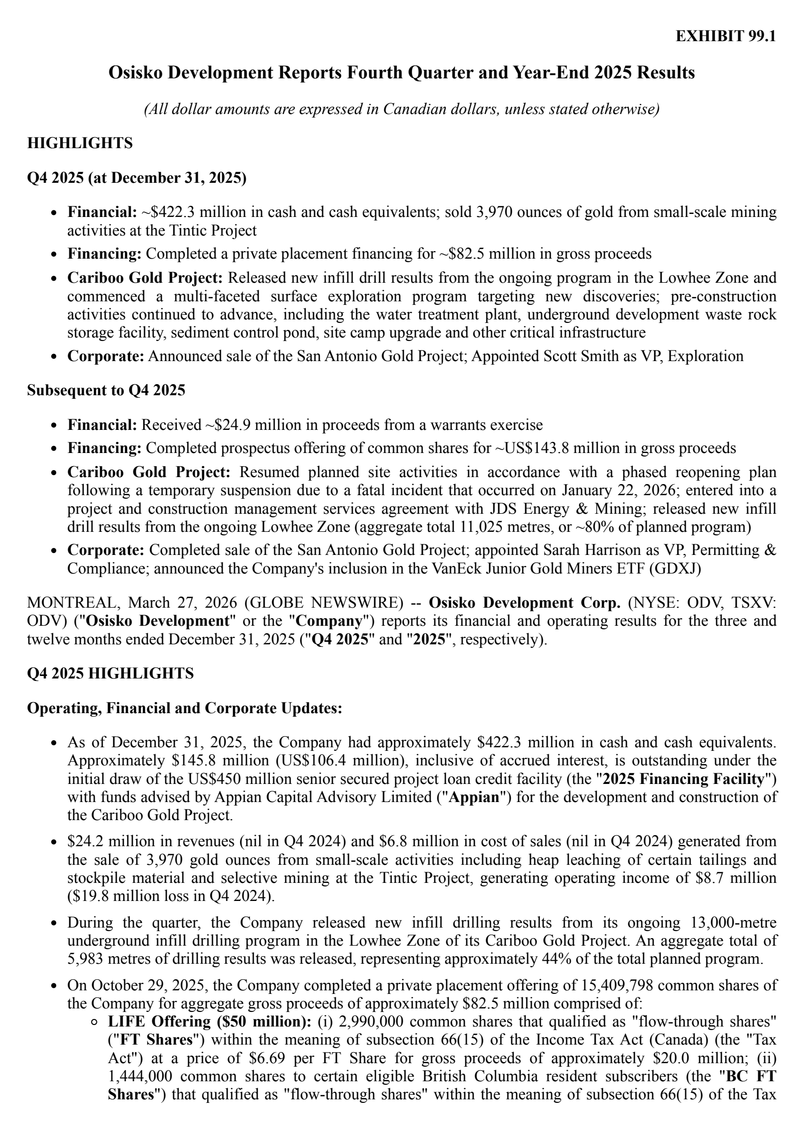 Osisko Development's Q4 2025 Press Release