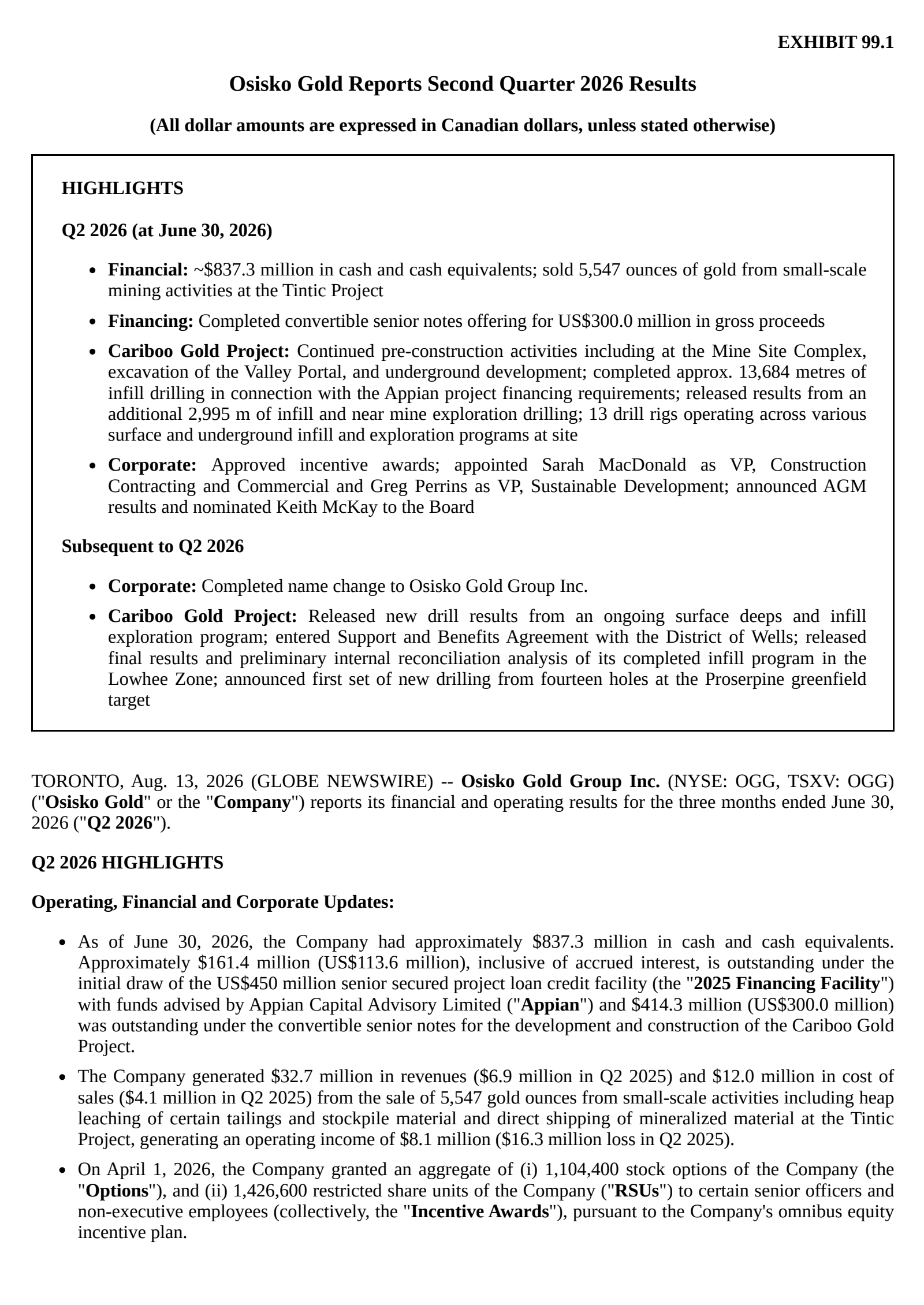 Osisko Development's Q2 2026 Press Release