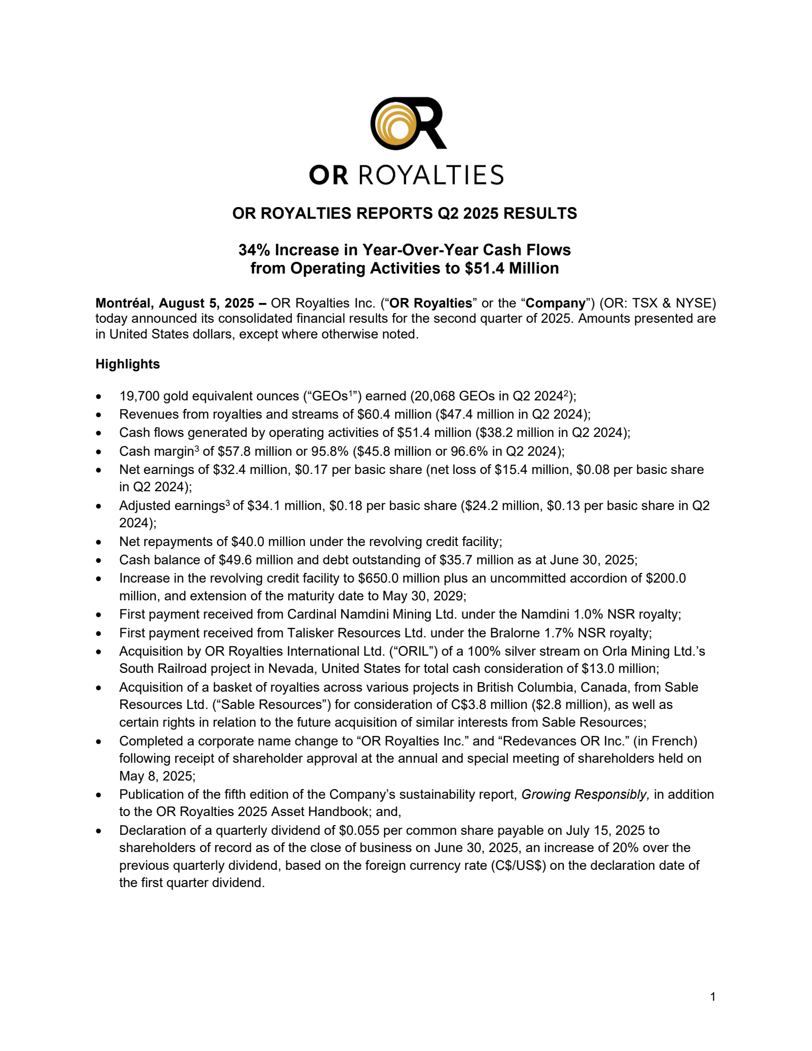 OR Royalties' Q2 2025 Press Release
