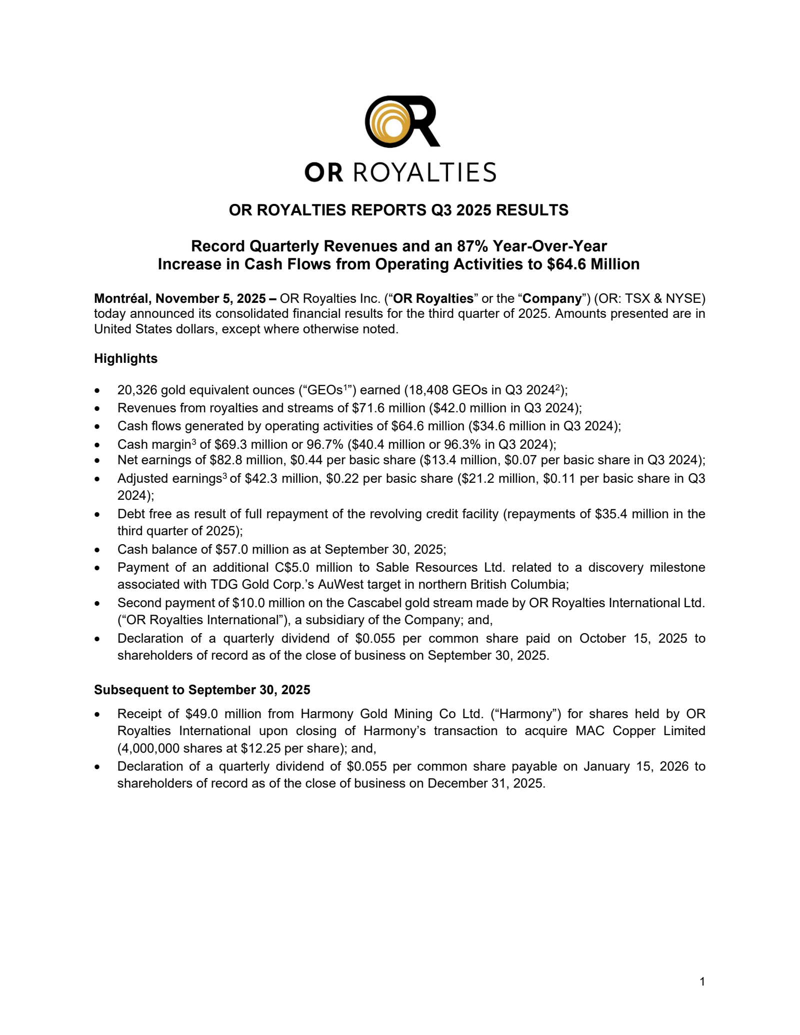 OR Royalties' Q3 2025 Earnings Release