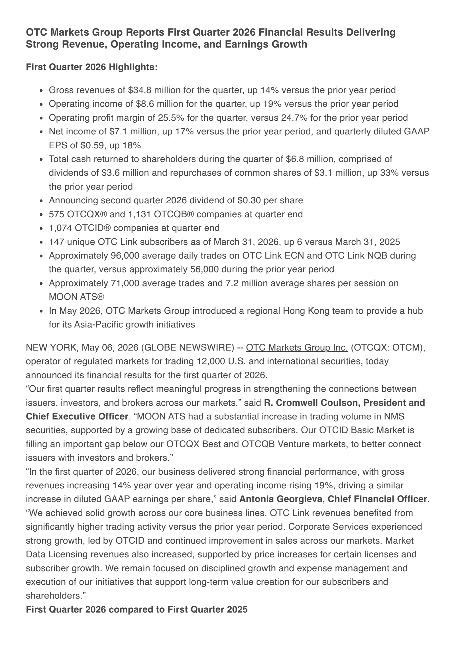 OTC Markets Group's Q1 2026 Press Release