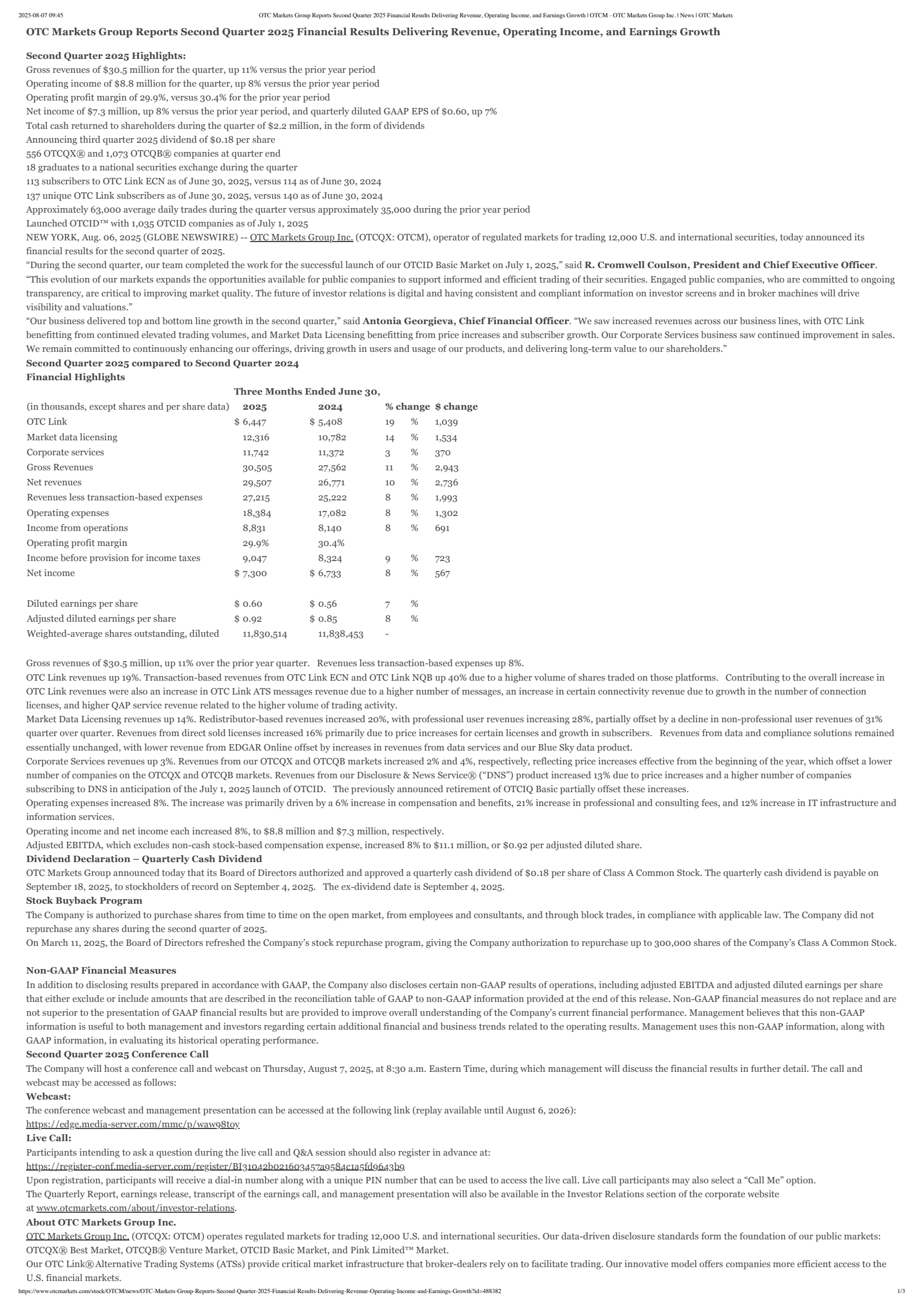 OTC Markets Group's Q2 2025 Press Release