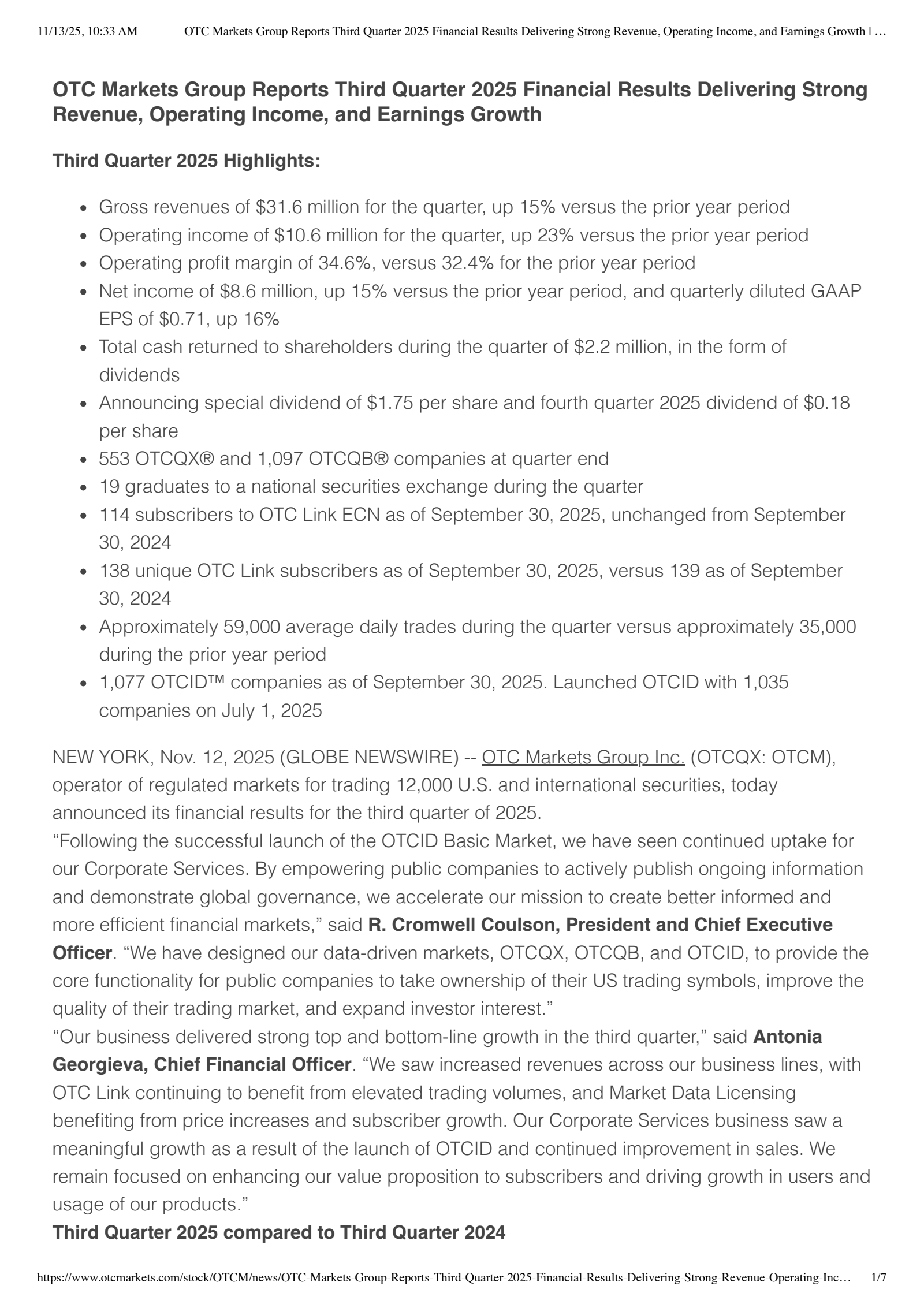 OTC Markets Group's Q3 2025 Earnings Release