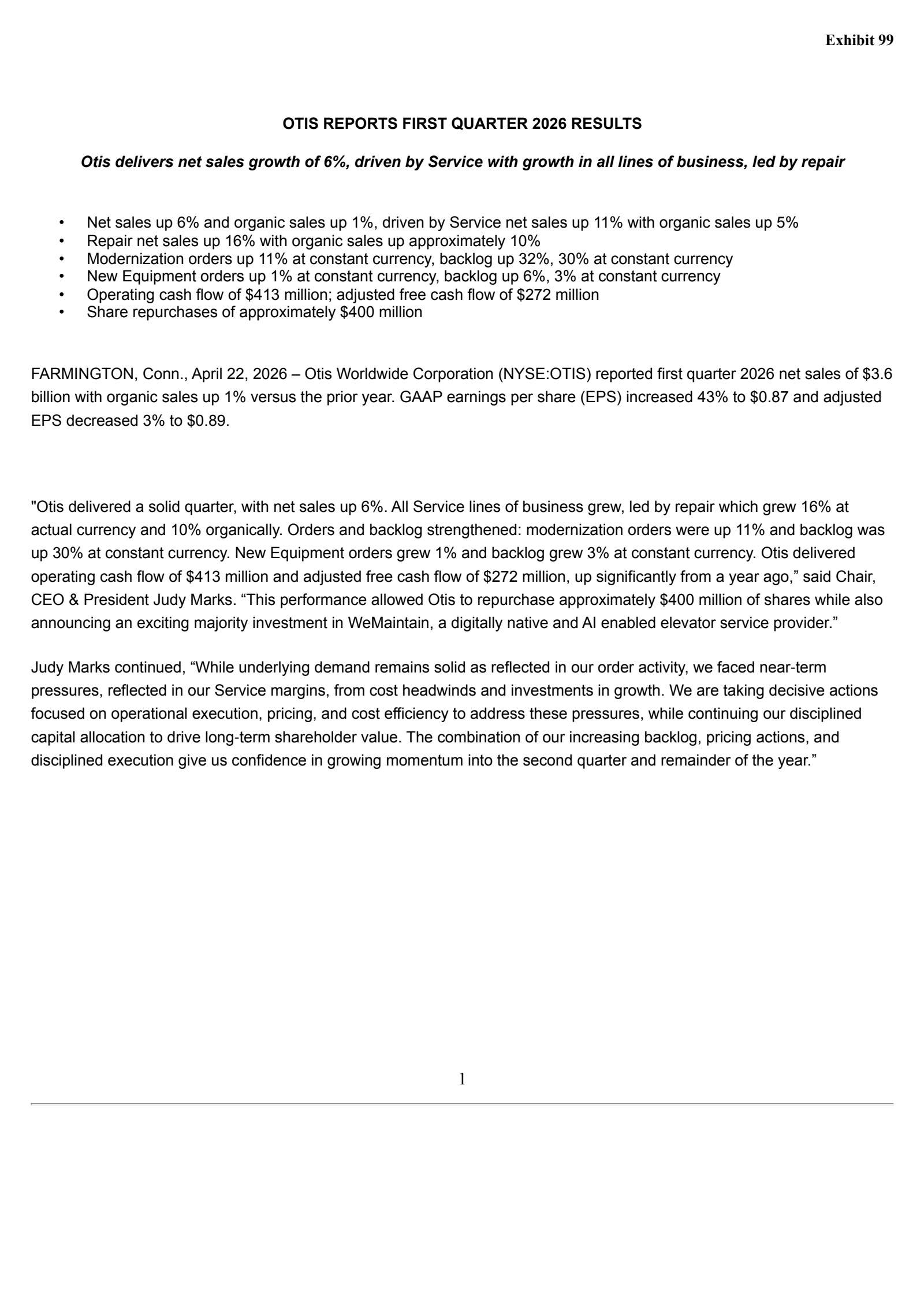 Otis Worldwide's Q1 2026 Press Release