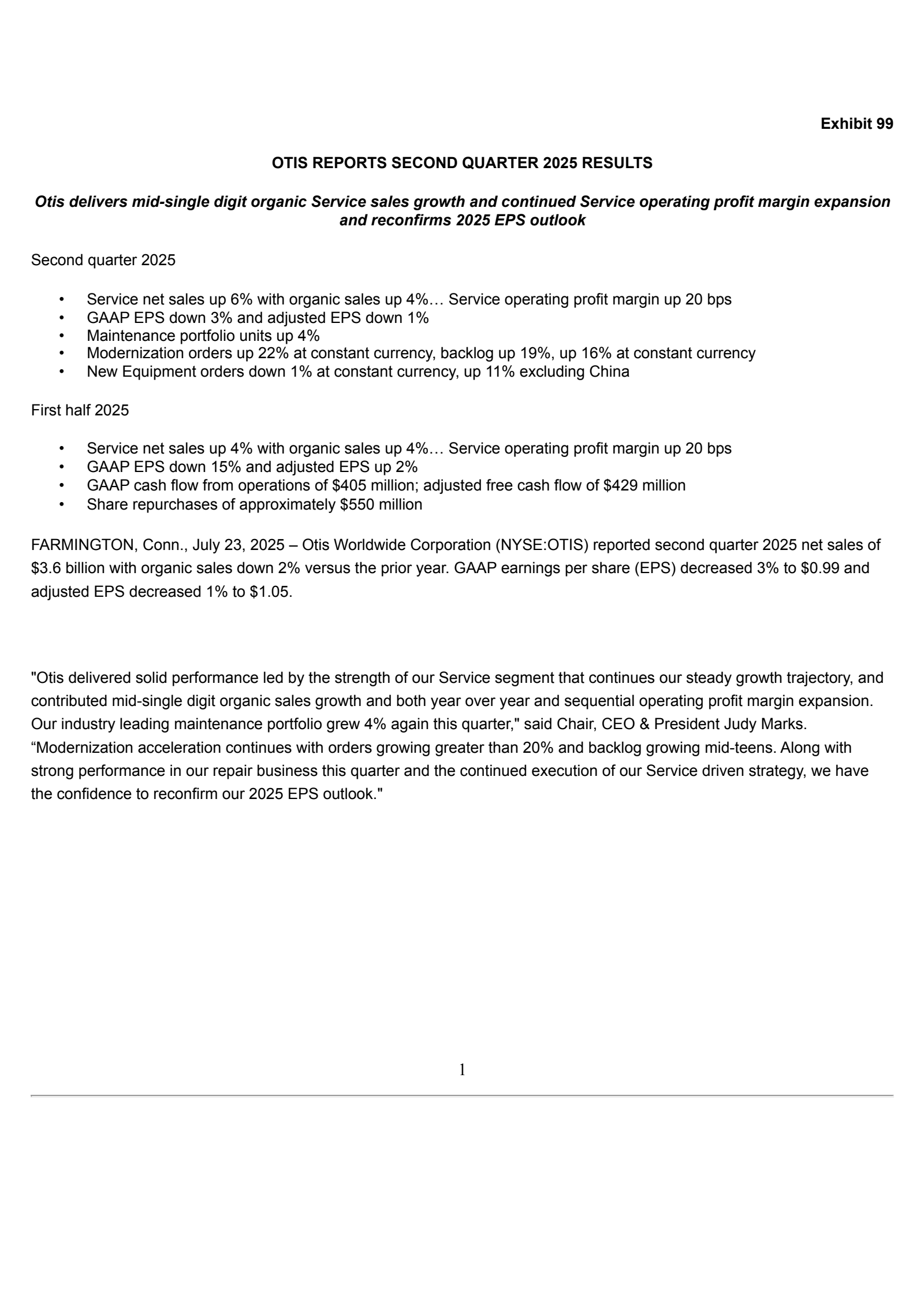 Otis Worldwide's Q2 2025 Press Release