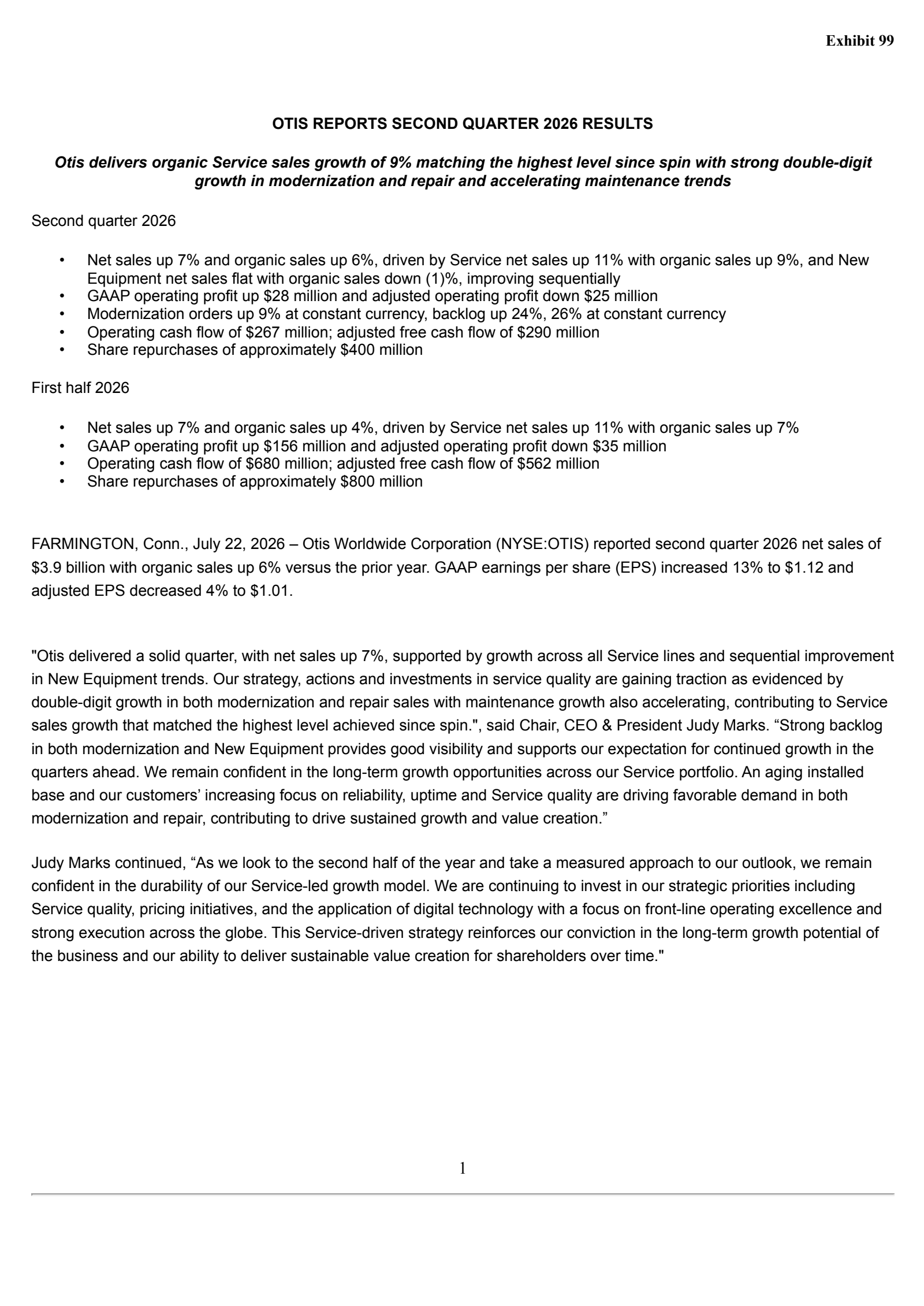 Otis Worldwide's Q2 2026 Press Release