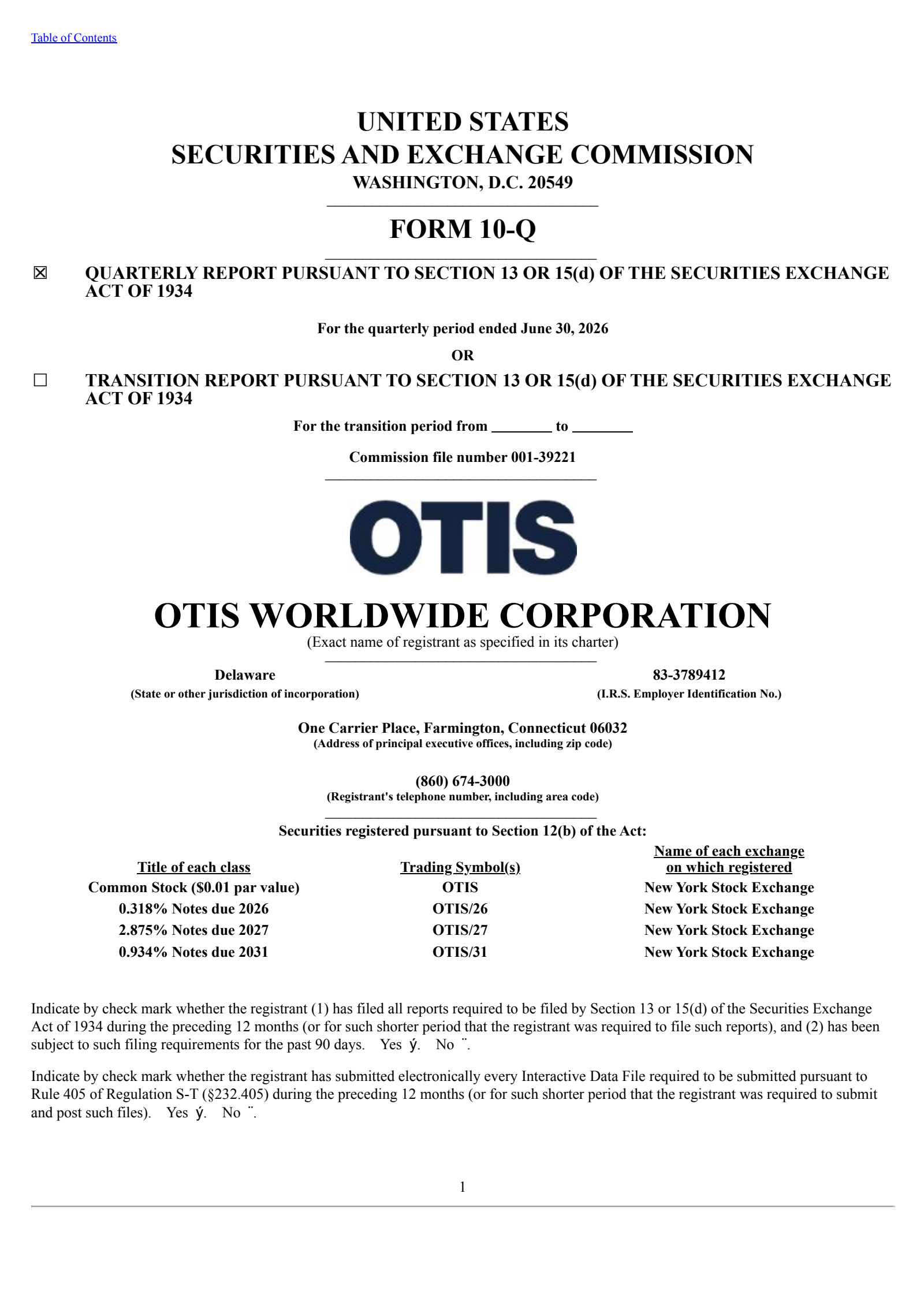 Otis Worldwide's Q2 2026 Quarterly report
