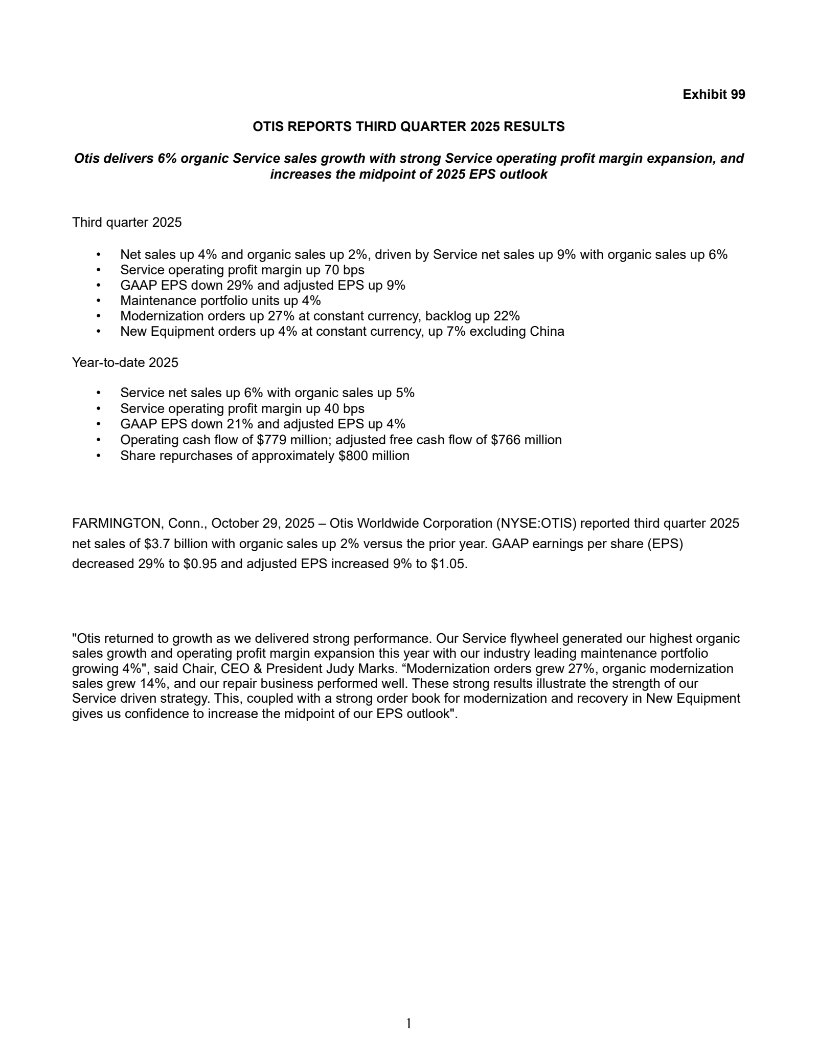 Otis Worldwide's Q3 2025 Earnings Release