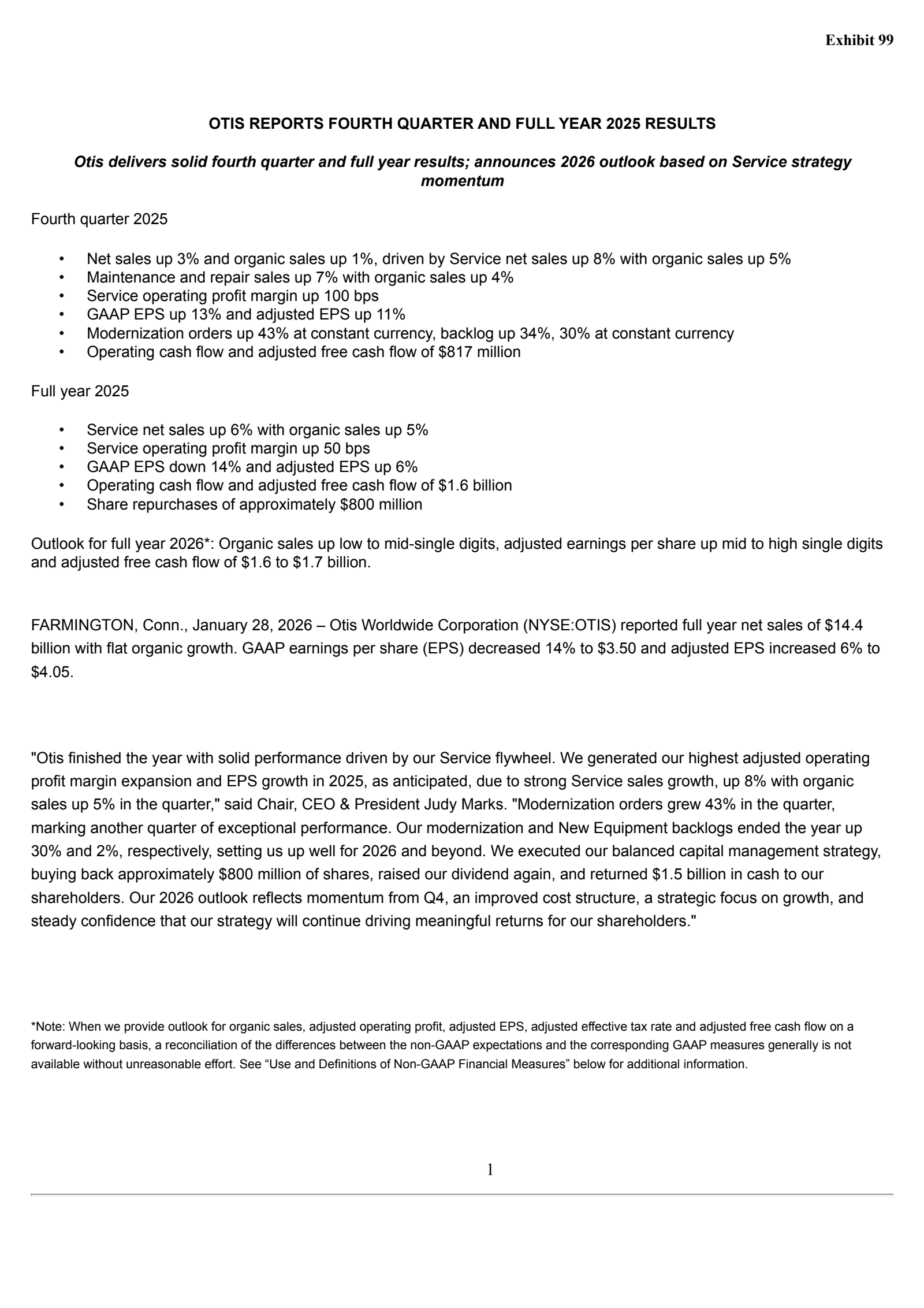 Otis Worldwide's Q4 2025 Press Release